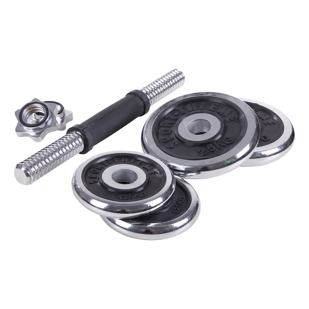 Hantelscheiben, Hantelstange und Verschluss. Scheiben mit Gewichtangabe. Metall und schwarzes Gummi.