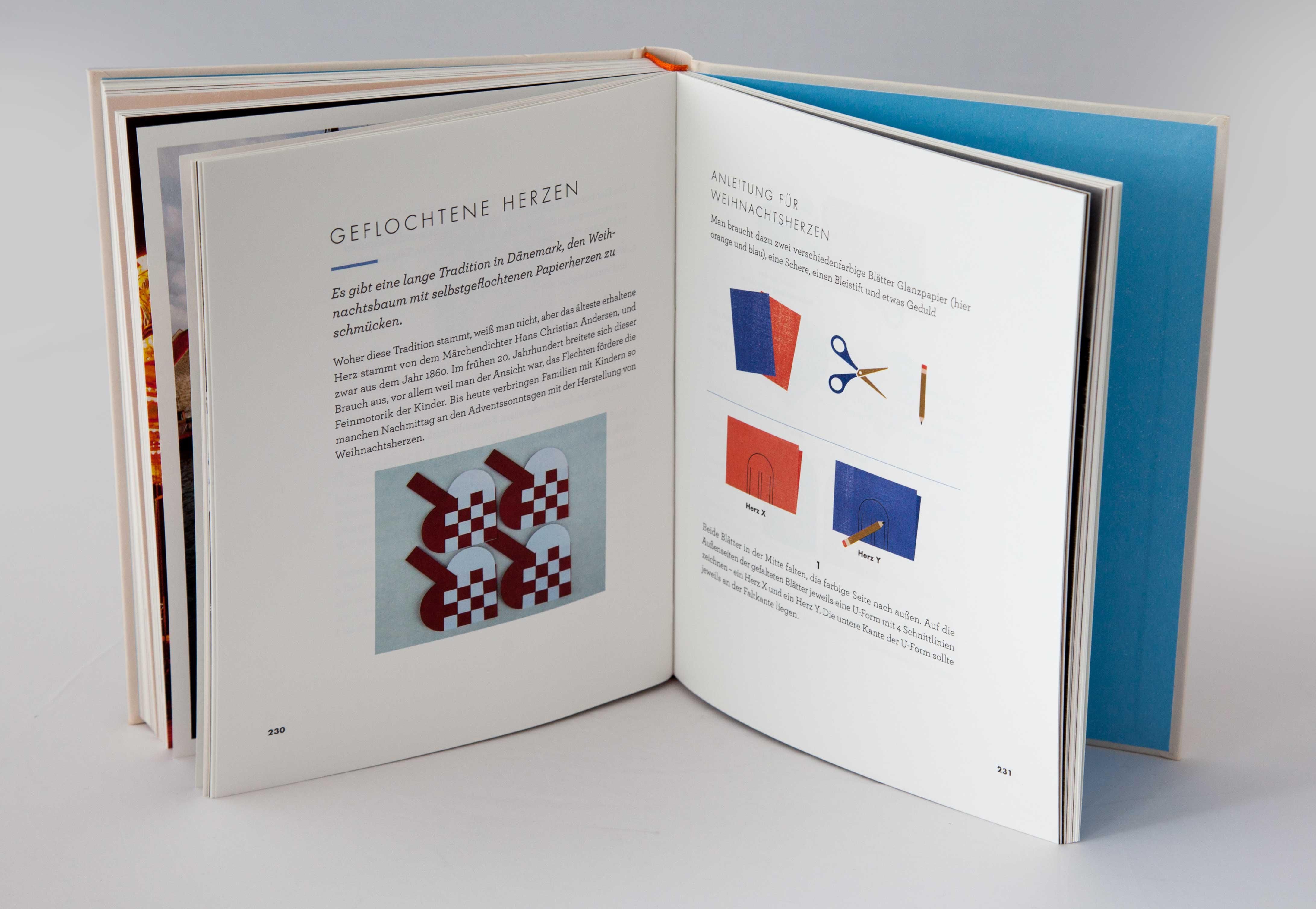 Buch, offene Doppelseite. Linke Seite: Text und Illustrationen. Rechte Seite: Anleitungen mit Schere und Papier.