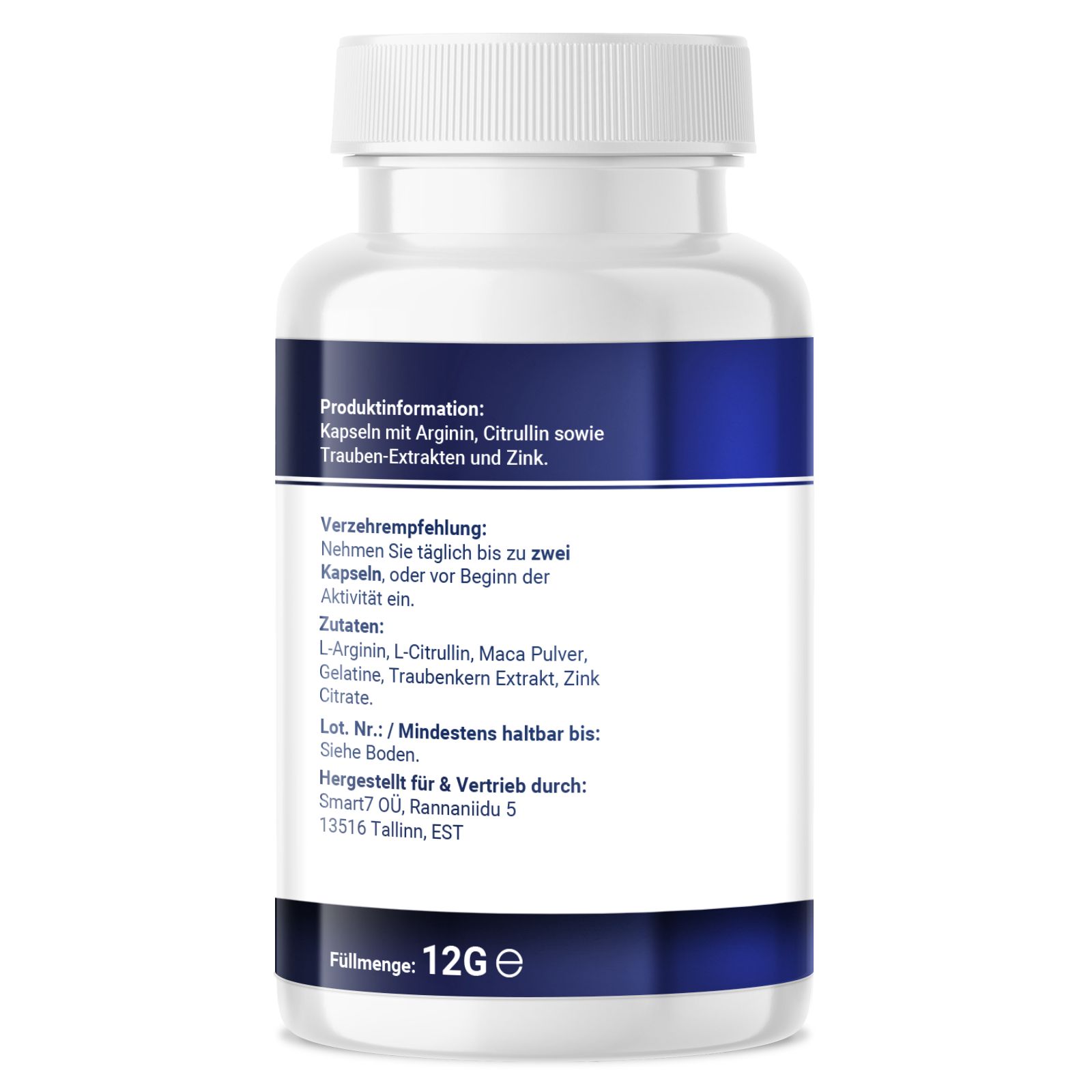 Rückseite einer weißen Flasche. Aufschrift: Produktinformationen, Verzehrempfehlung, Zutaten, Mindesthaltbarkeit, 12g.