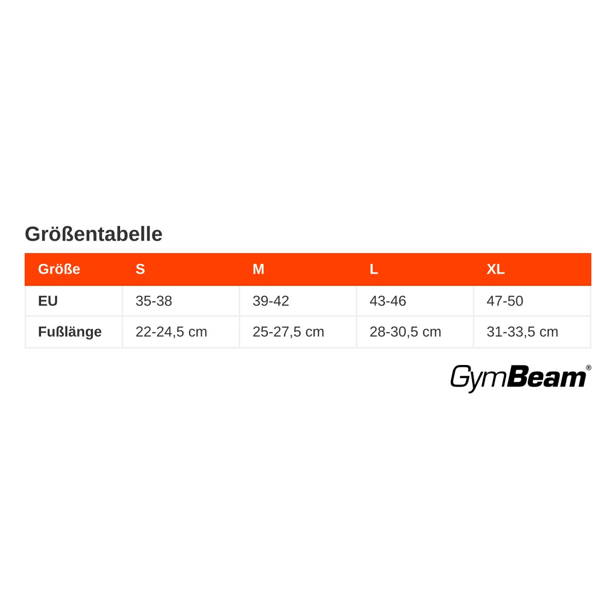 Größentabelle für GymBeam-Socken: EU-Größen S-XL, Fußlänge 22-33,5 cm.