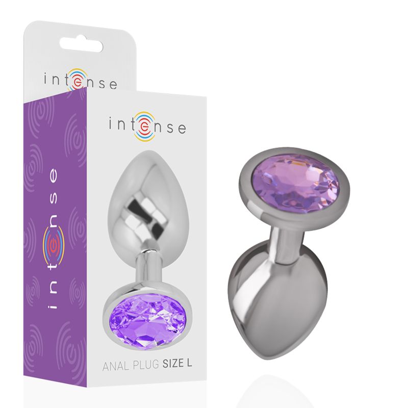Verpackung und Analplug. Produktname: Intense. Anal Plug Size L. Metall, lila Kristall.