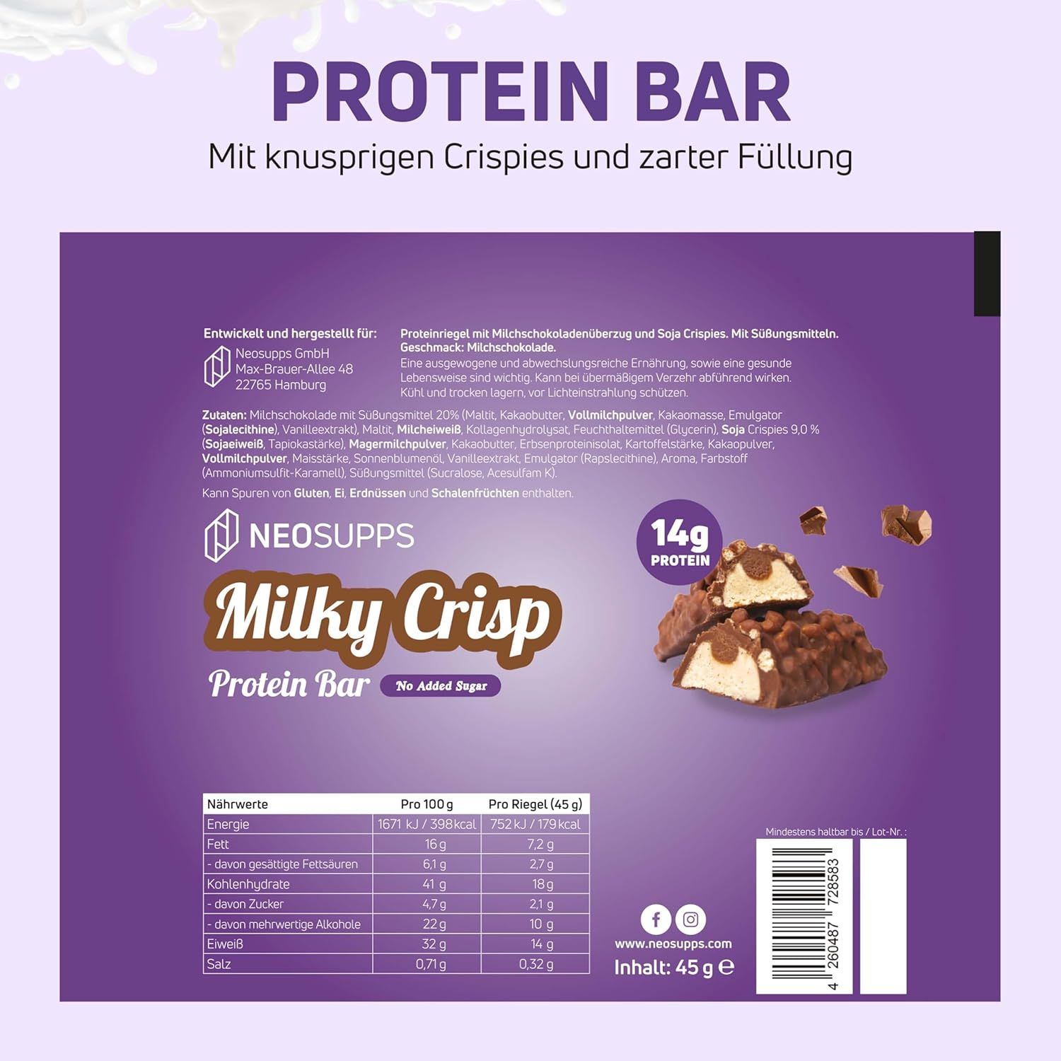 Rückseite einer lila Proteinriegel-Verpackung. Text mit Nährwertangaben, Zutatenliste und Herstellerinformationen. Logo "Neosupps Milky Crisp Protein Bar".