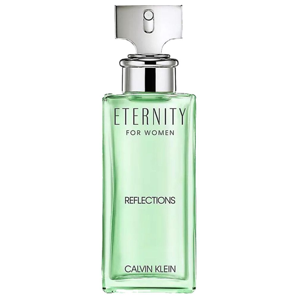Grünes Parfümflakon mit silbernem Verschluss. Aufschrift: Eternity Reflections, Calvin Klein.