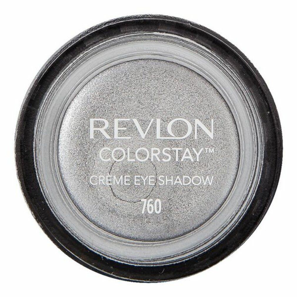Revlon Colorstay Creme Lidschatten 760. Silberfarbener Creme-Lidschatten in rundem Tiegel. Marke und Farbnummer sichtbar.