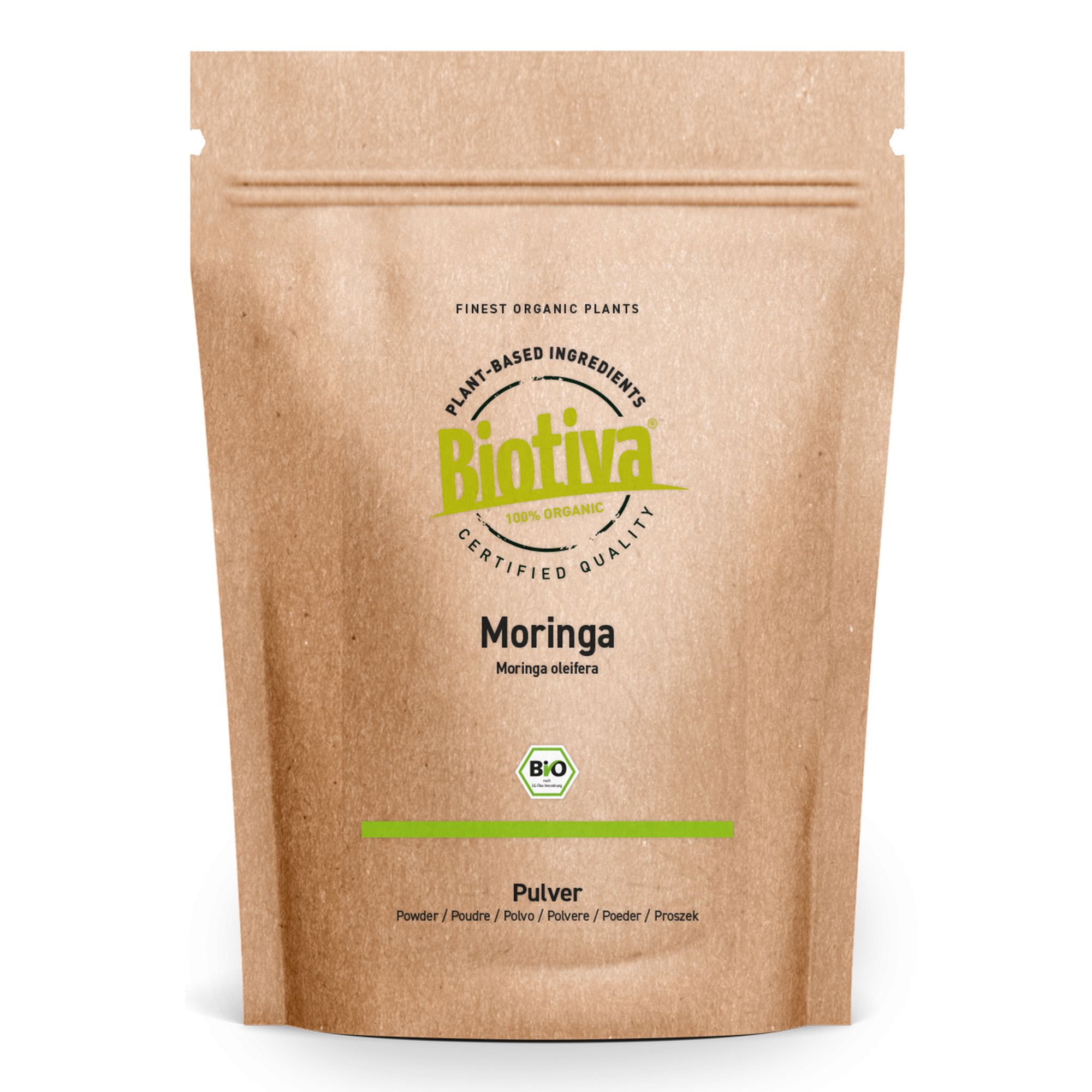 Beutel mit Biotiva Moringa Pulver. Braune Verpackung mit grünem Logo und Schriftzug. Bio-Siegel.