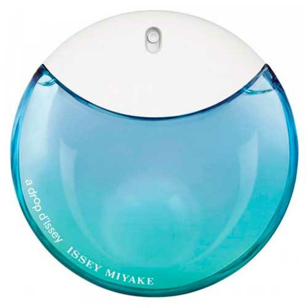 Runder Flakon mit weißem Deckel. Blaue Flüssigkeit. Schriftzug: a drop d'Issey, ISSEY MIYAKE.