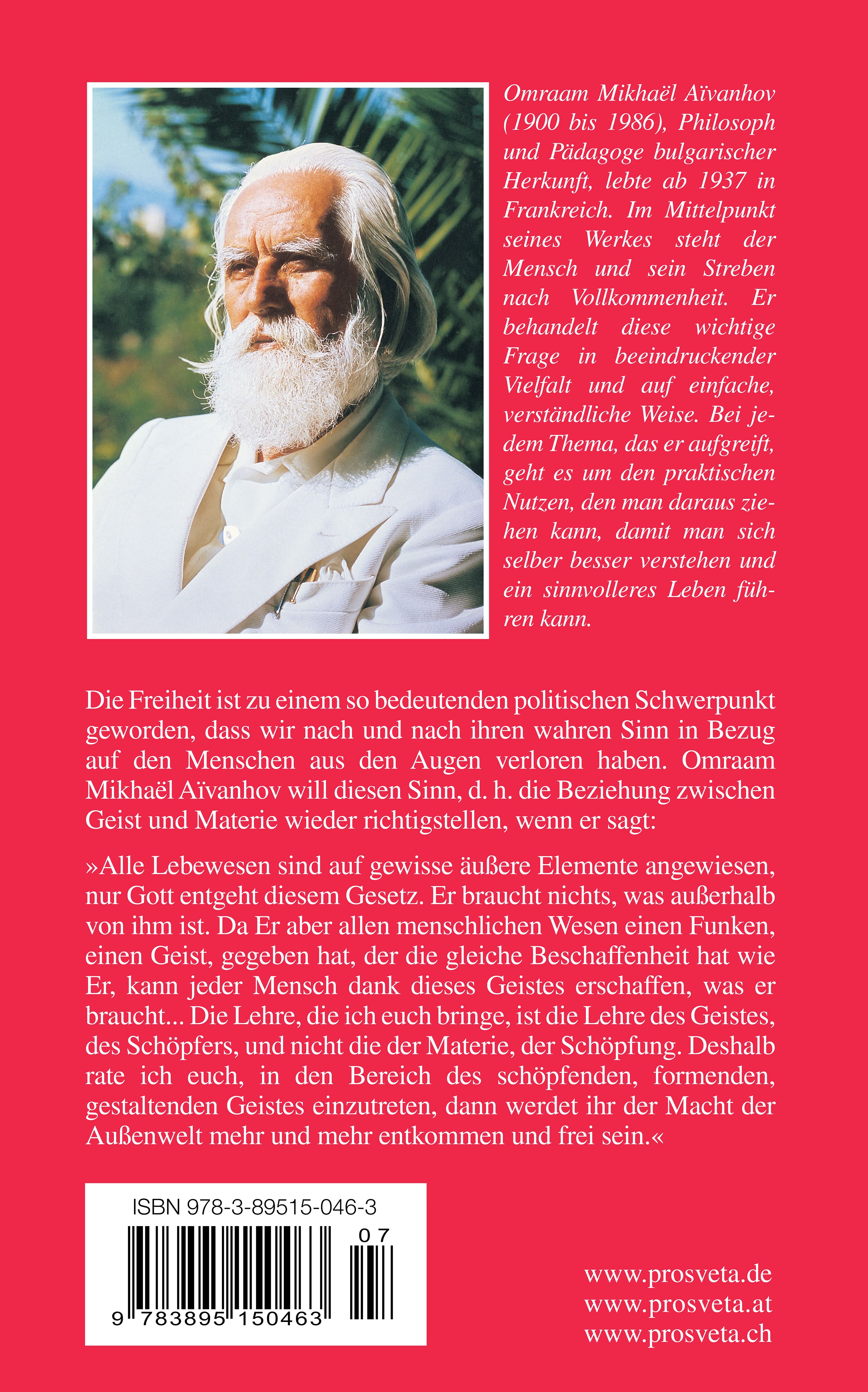 Buchrückseite mit Text und Foto von Omraam Mikhaël Aïvanhov. Roter Hintergrund, ISBN-Code, Verlag Prosvea.