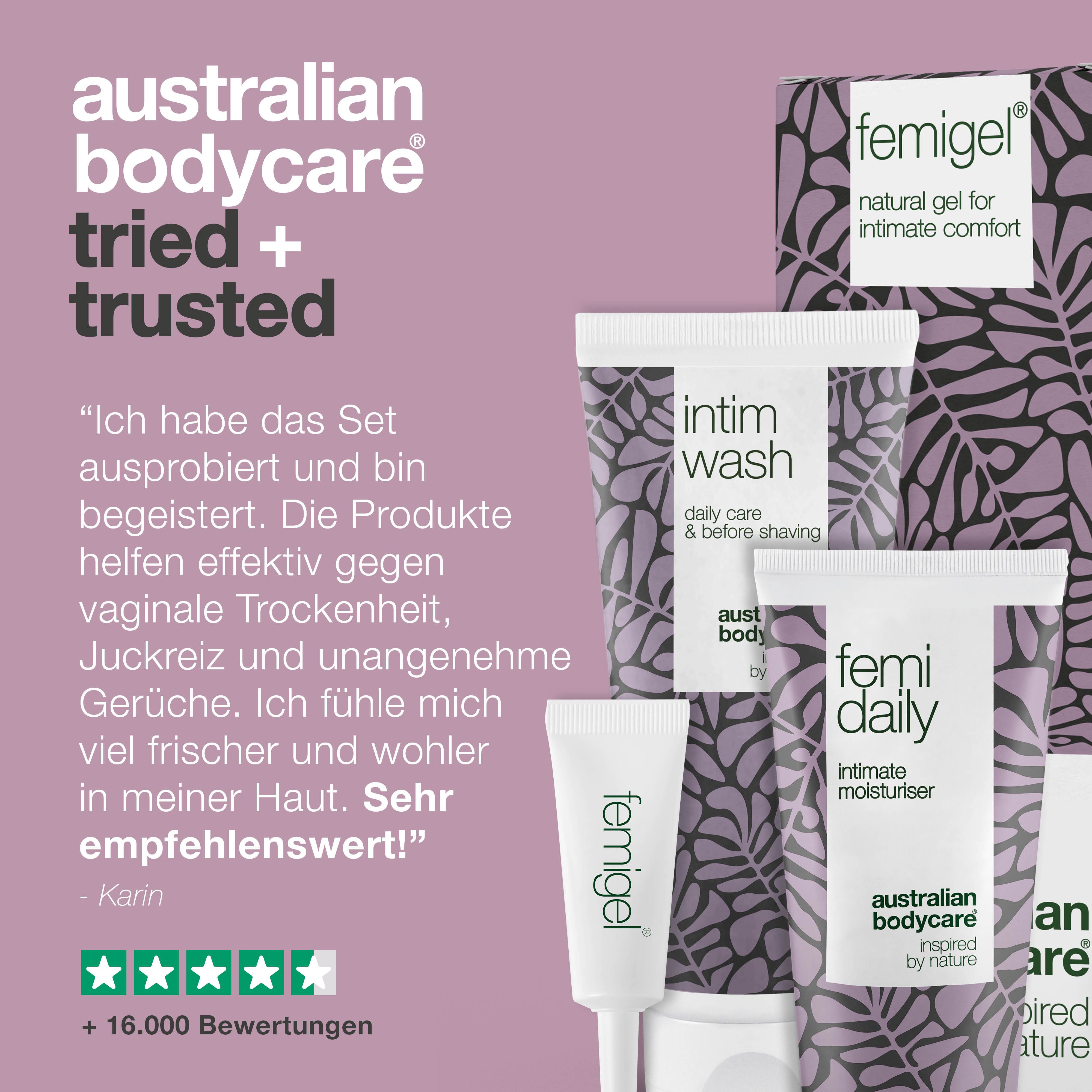 Infografik: Getestet und vertraut. Produkte: Intimwaschgel, Feuchtigkeitspflege und Intimgel. Marke: Australian Bodycare.
