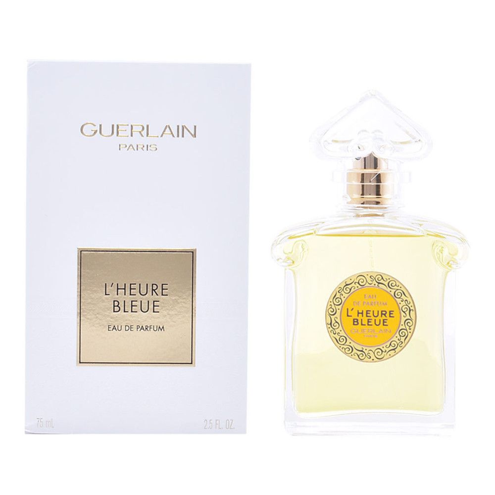 Guerlain L'Heure Bleue Eau de Parfum Flakon neben seiner weißen Verpackung.