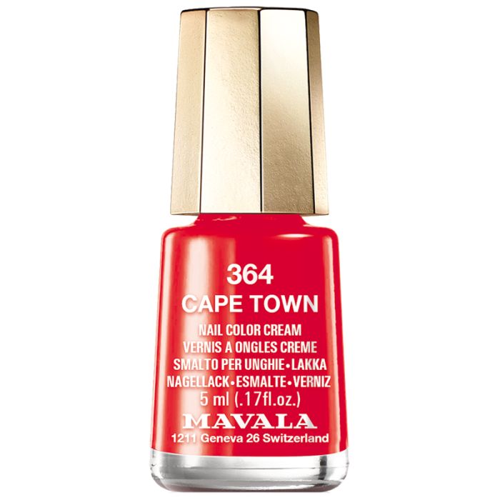 Roter Nagellackflakon mit goldenem Deckel. Aufschrift: 364 Cape Town, Nail Color Cream, 5 ml, Mavala.