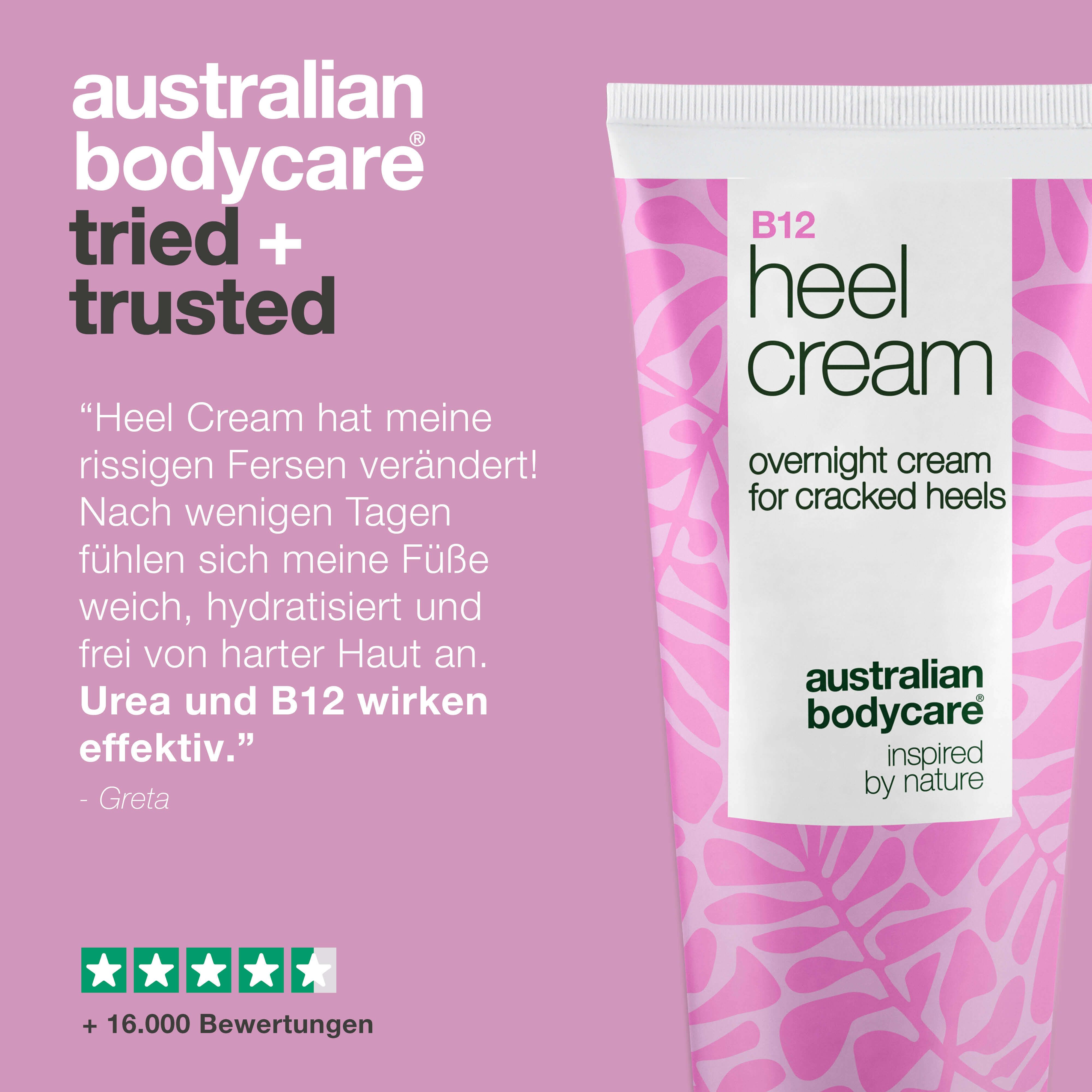 Tube B12 Heel Cream. Rosa floral Muster. Text: overnight cream for cracked heels. Text: Australian Bodycare. Sterne Bewertung.