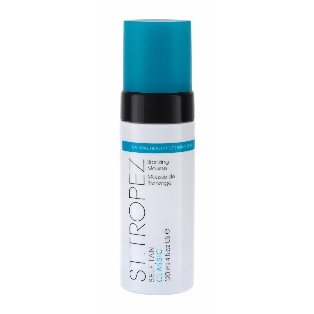 St.Tropez Selbstbräuner-Mousse. Weiße Flasche mit blauem Deckel. Text: Self Tan Classic, Bronzing Mousse.