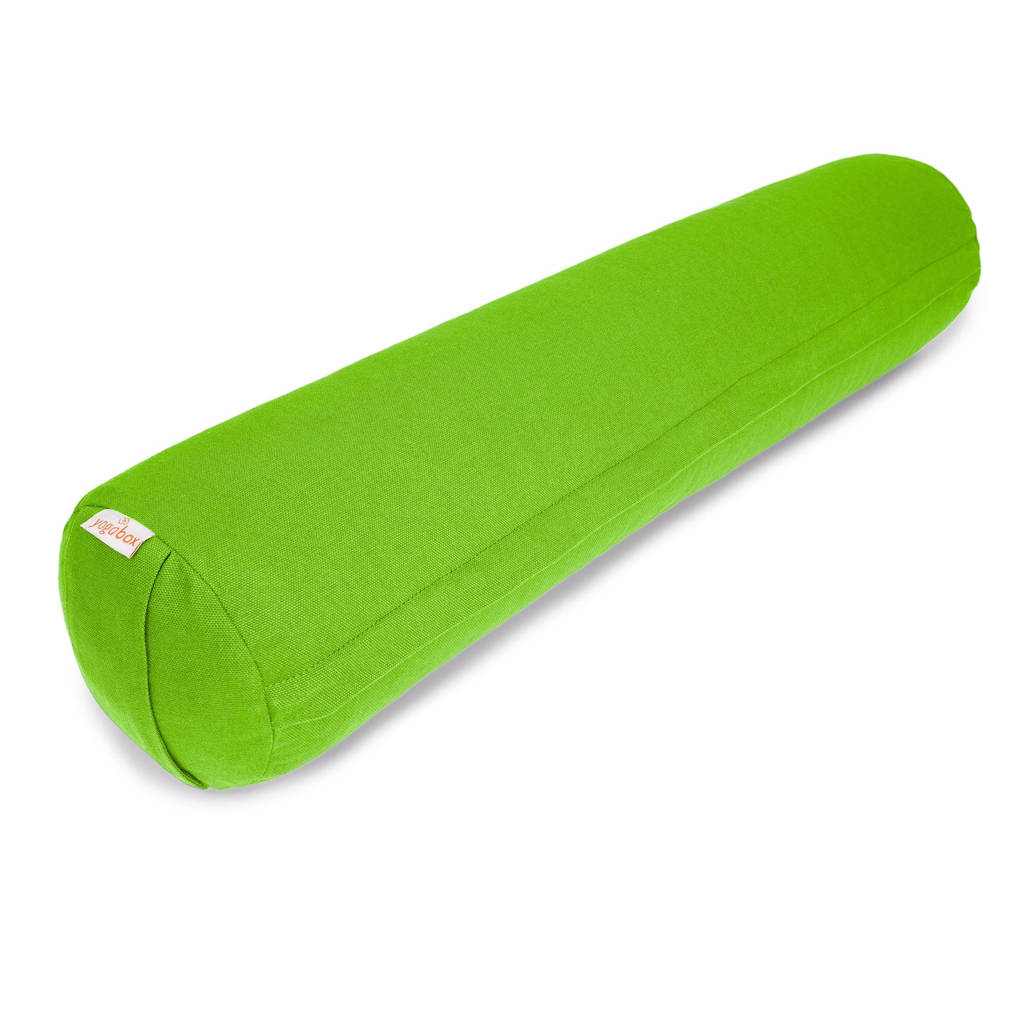 Grüne Yogarolle aus Stoff, zylindrisch.