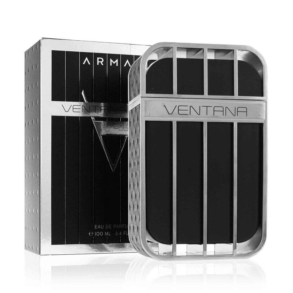 Armaf Ventana Pour Homme Flakon und Verpackung. Schwarze Flasche mit silbernen Details. Verpackung mit Markenlogo und Produktnamen.