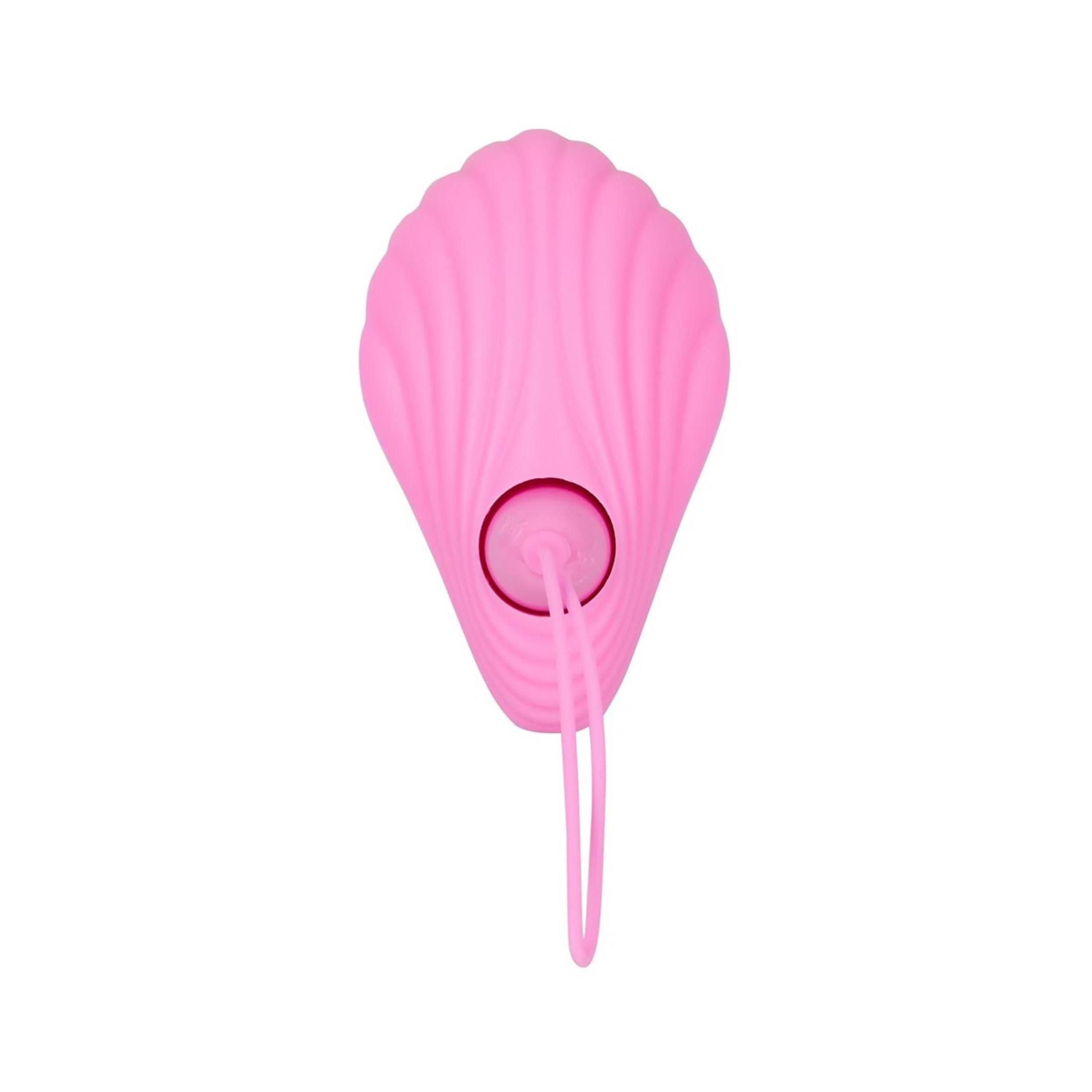 Rosa Vibrator. Muschelförmig. Mit Schlaufe. Keine weiteren Details.