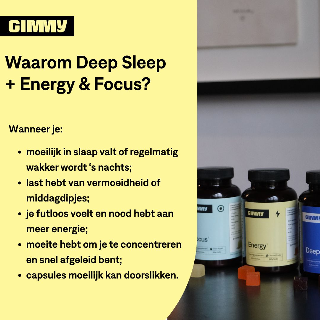 Text mit der Frage: Warum Deep Sleep + Energy & Focus? Aufzählung von Gründen für die Einnahme. Drei Flaschen GIMMY.