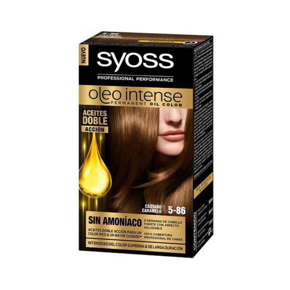 Syoss Oleo Intense Haarfarbe 5-86 Castano Caramello. Verpackung mit Produktabbildung und Model. Ohne Ammoniak.