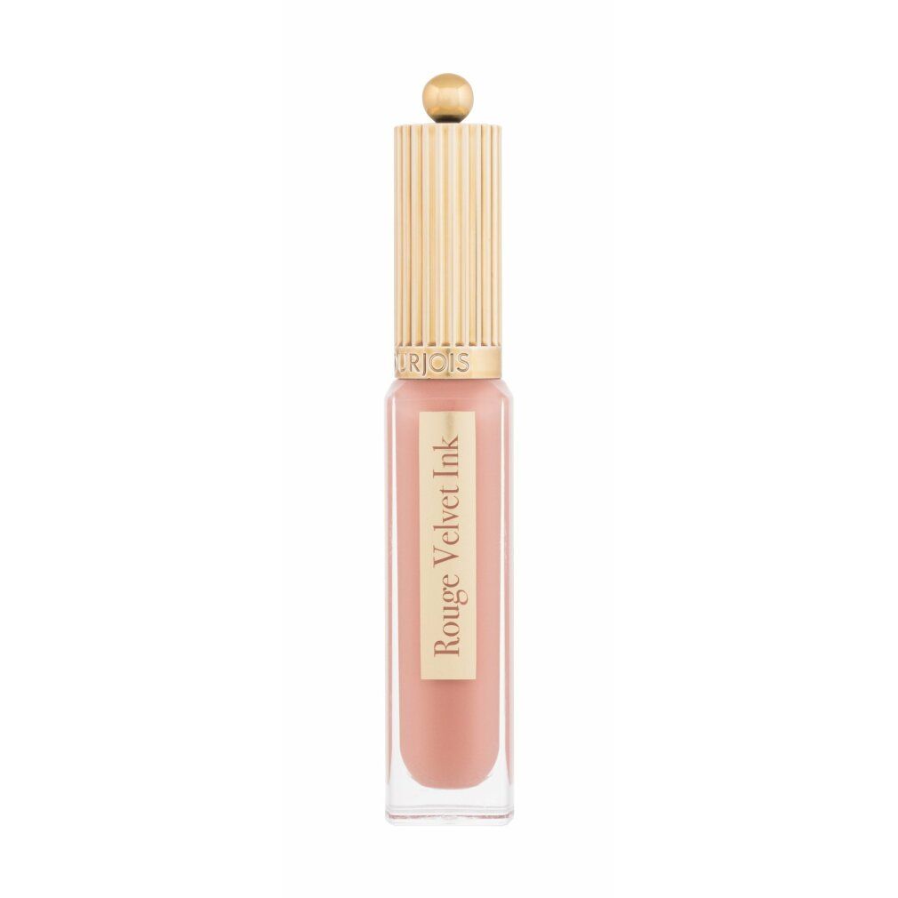 Lippenstift in rechteckiger, transparenter Flasche mit goldfarbenem Deckel. Produktname: Rouge Velvet Ink. Farbe: Beige.