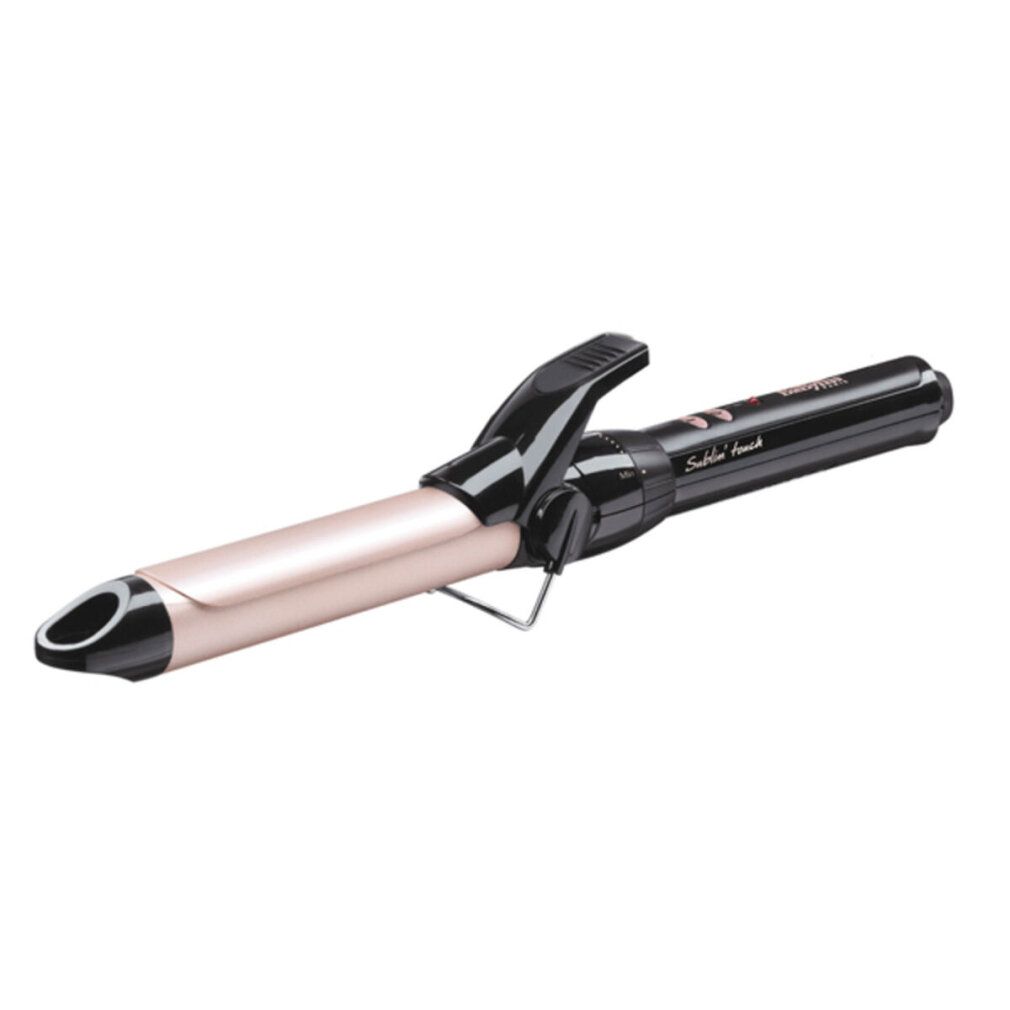 Lockenstab, schwarz und rosa. Schwarzer Griff, rosafarbene Heizplatte. Hebel und Temperaturregler.