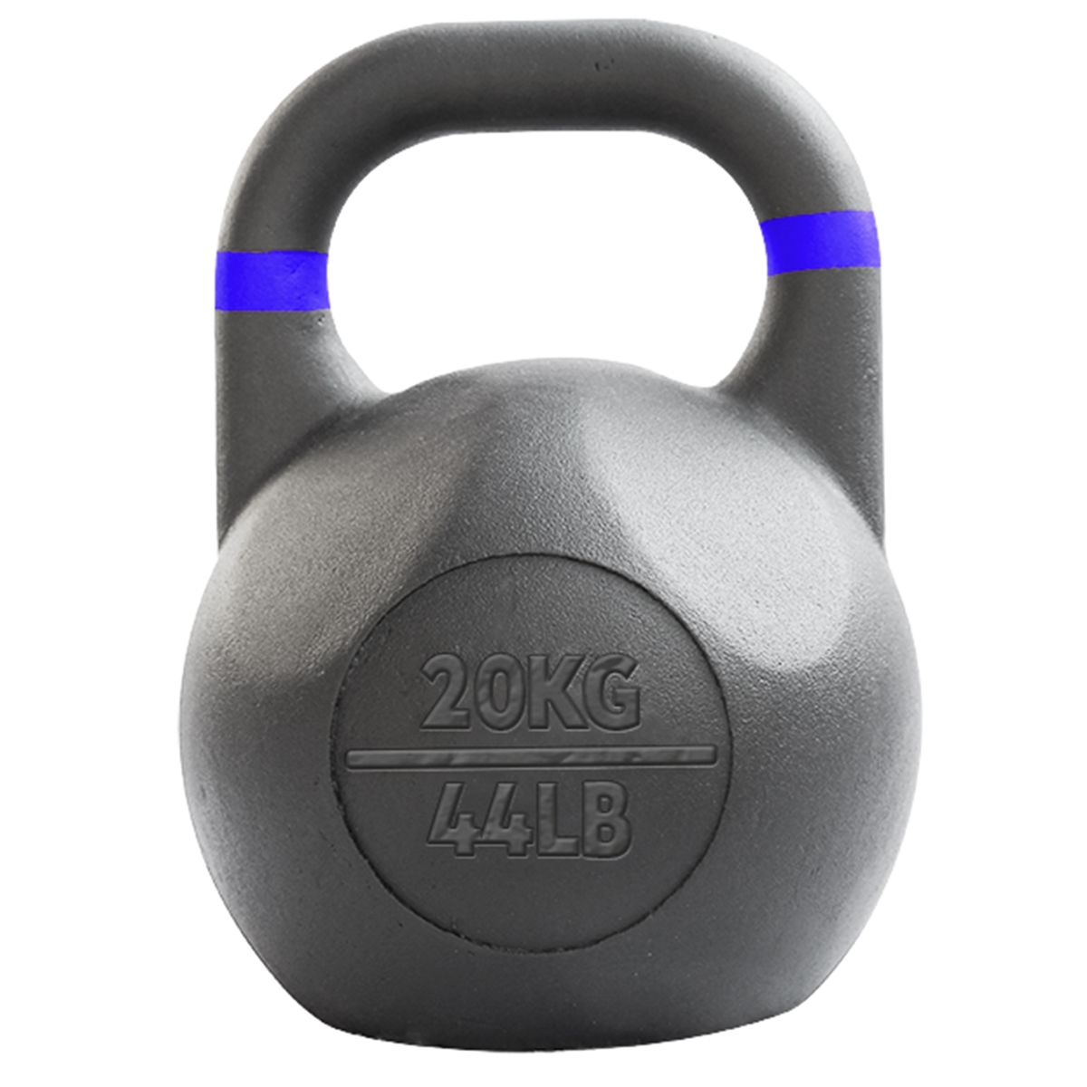 Schwarze Kettlebell mit blauem Akzent am Griff. Gewicht: 20 kg/44 lbs.