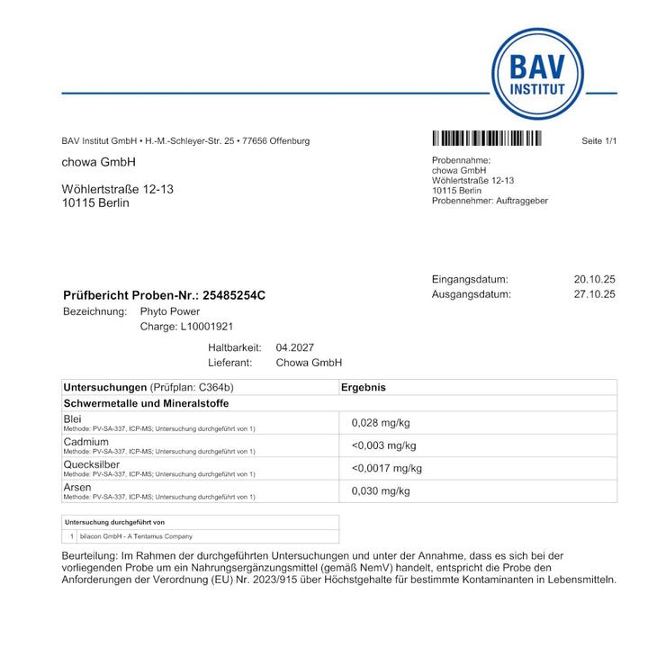 Prüfbericht BAV Institut für XbyX® Phyto Power. Ergebnisse: Blei, Cadmium, Quecksilber, Arsen. Datum: 20.10.25.