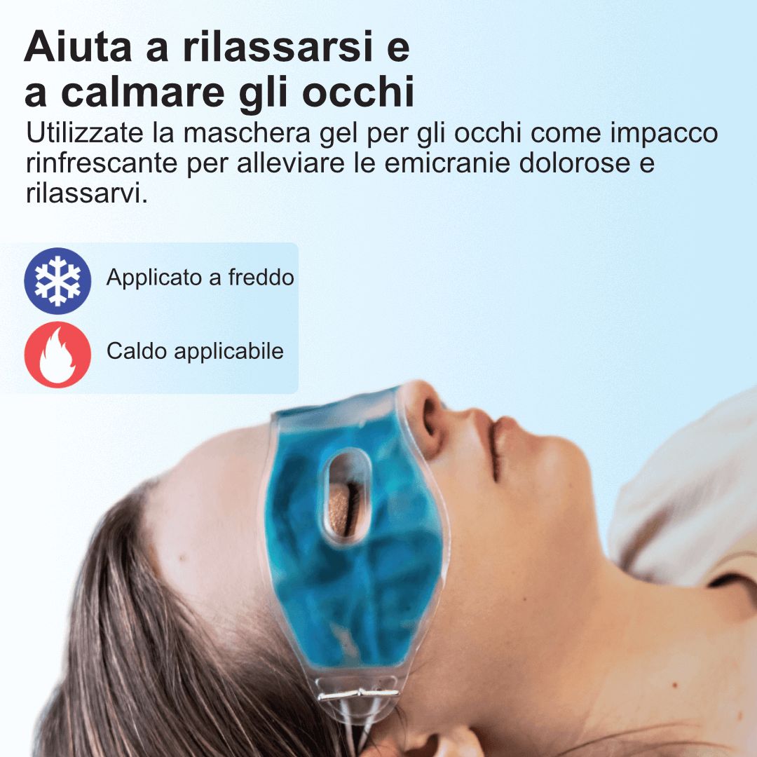 Donna con maschera per gli occhi. Testo: Aiuta a rilassarsi. Applicazione fredda e calda. Maschera per occhi in gel blu.