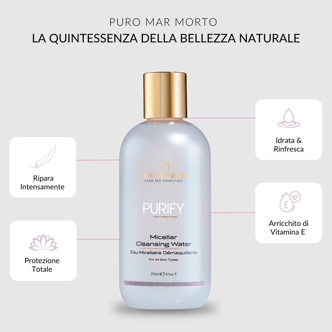 Flacone con tappo dorato. Testo: Pure Mineral, Purify, Acqua micellare. Grafici: Idrata, ripara, protegge.