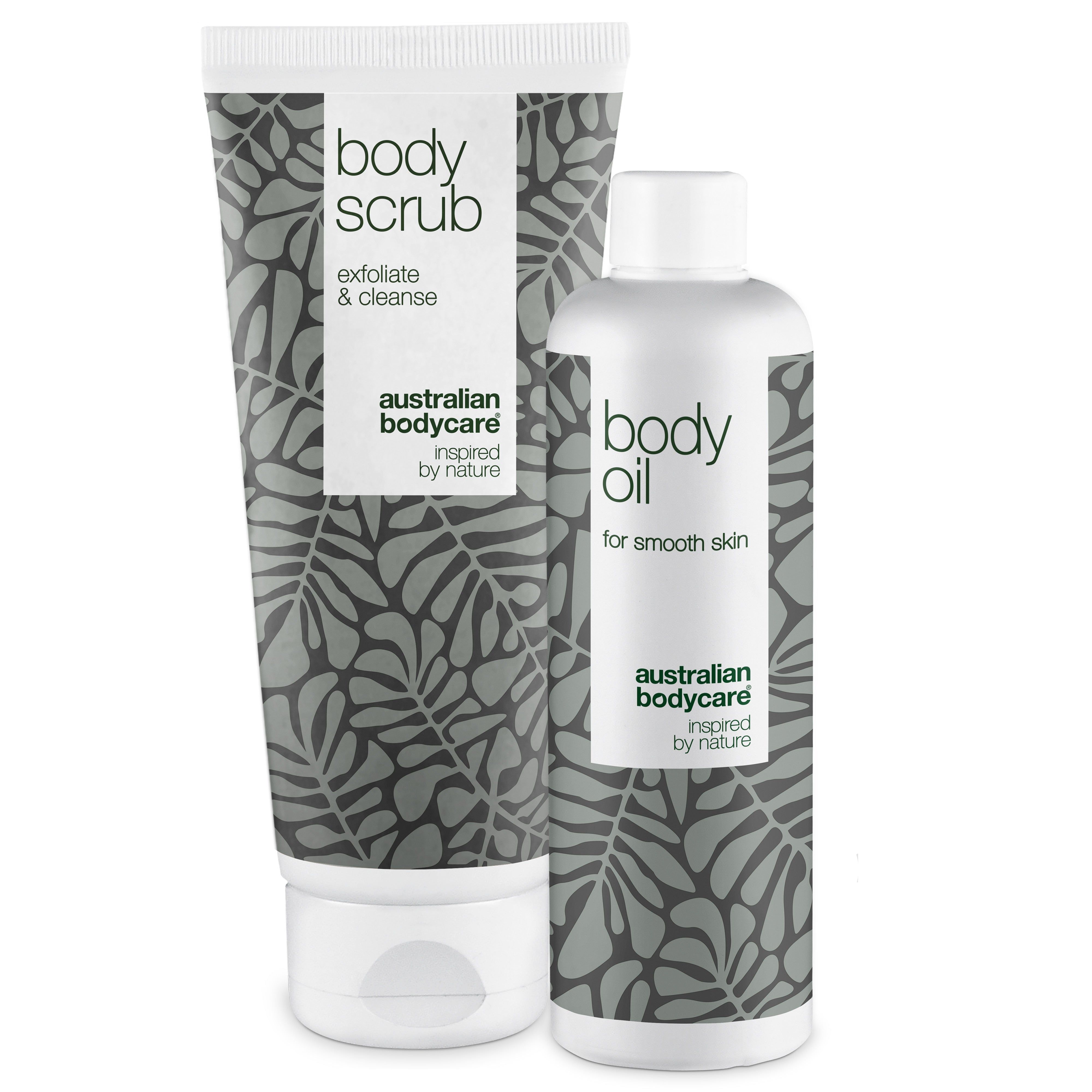 Twee producten: Body Scrub en Body Oil. Witte verpakkingen met grijze bladeren. Tekst: Australian Bodycare.