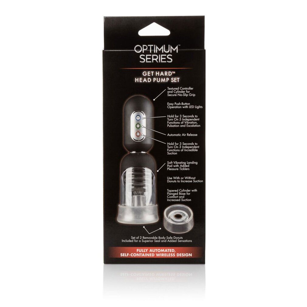 Verpackung der Calexotics Optimum Series. Enthält eine Vakuumpumpe mit Vibrationsfunktion. Schwarzes Design.