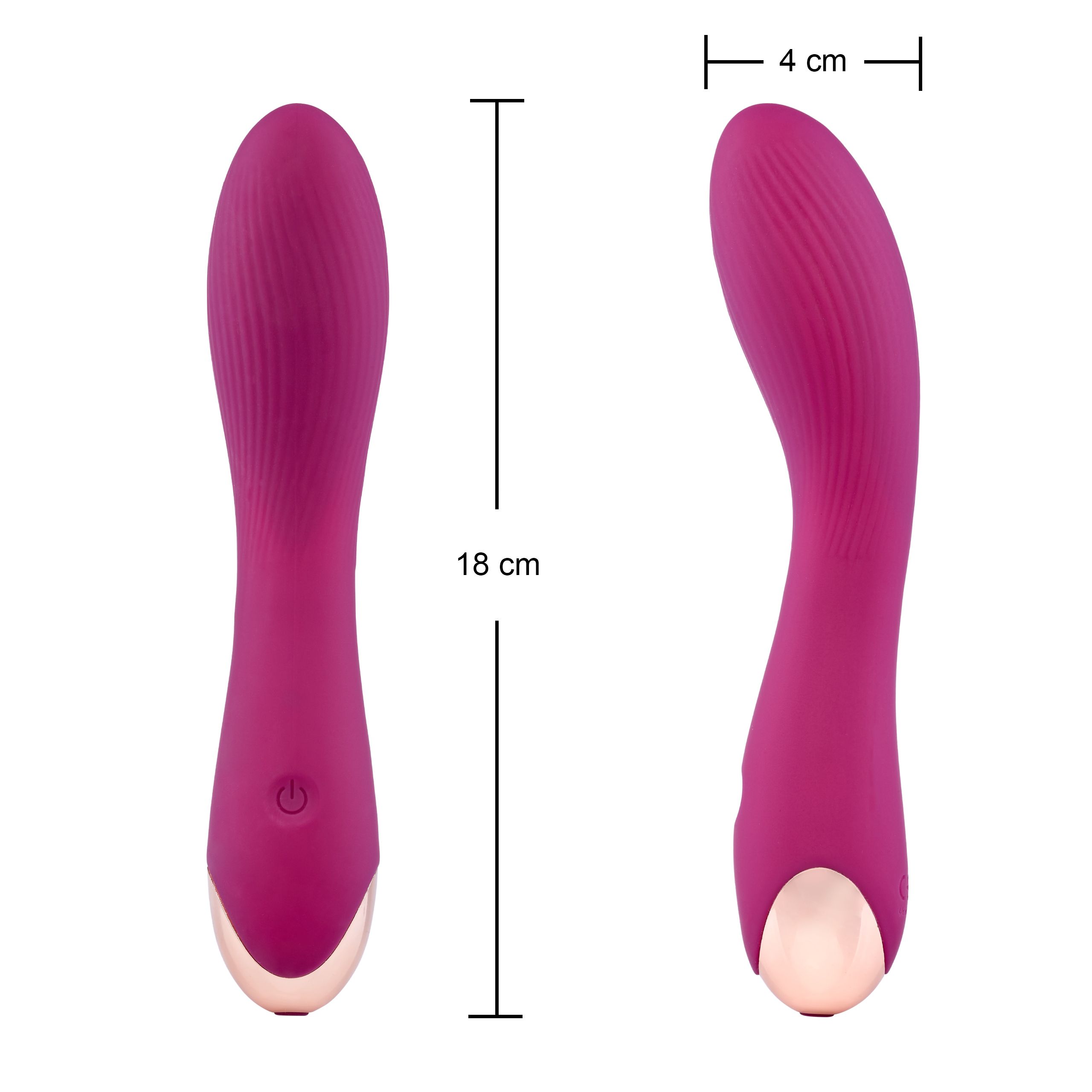 Magenta Vibrator, 18 cm lang, 4 cm breit. Geriffelte Oberfläche, goldfarbenes Ende. Abgebildet mit Maßen.