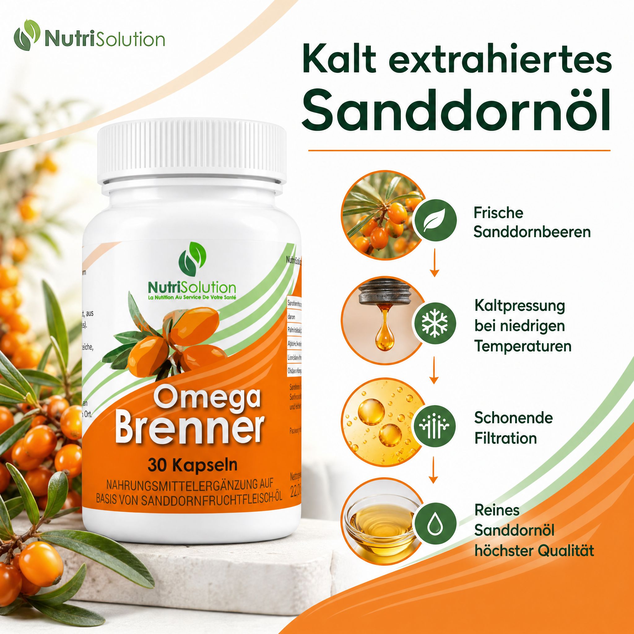 NutriSolution Omega Brenner: Flasche mit Sanddornbeeren, zeigt Kaltpressung und Filtration für Ölqualität.
