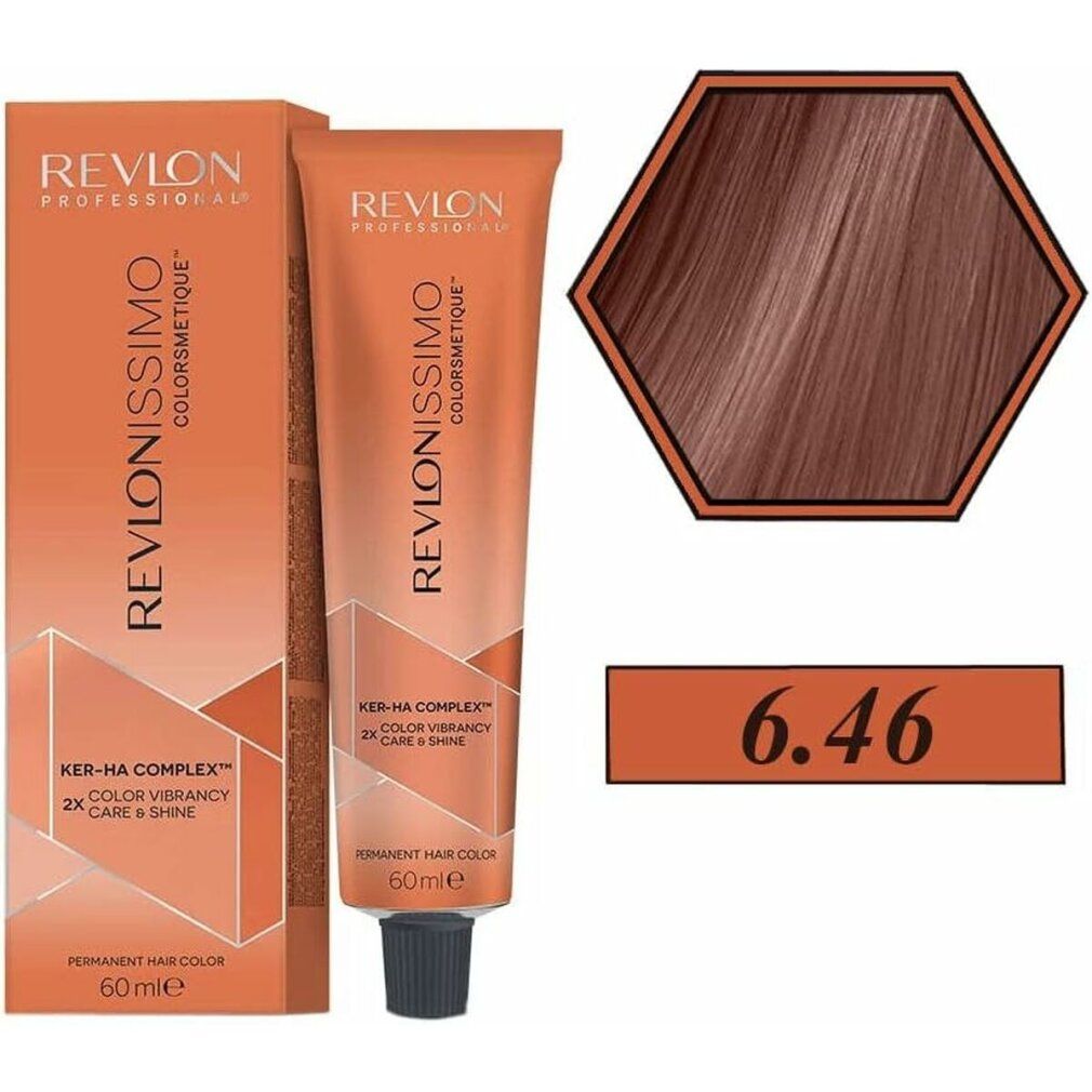 Haarfärbemittel Revlonissimo Colorsmetique 6,46. Tube und Schachtel in Orange. Farbton-Beispiel in Wabenform. 60ml.