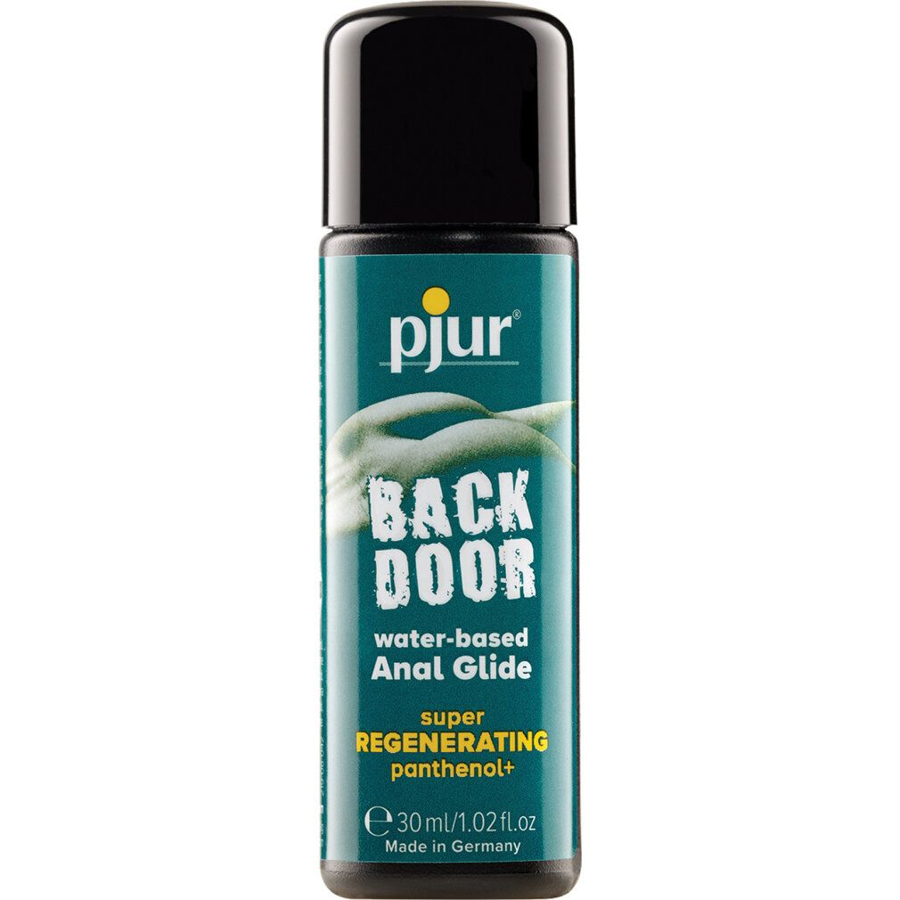 Grüne Flasche mit schwarzem Deckel. Aufschrift: pjur, BACK DOOR, water-based Anal Glide, super regenerating panthenol+. 30ml.