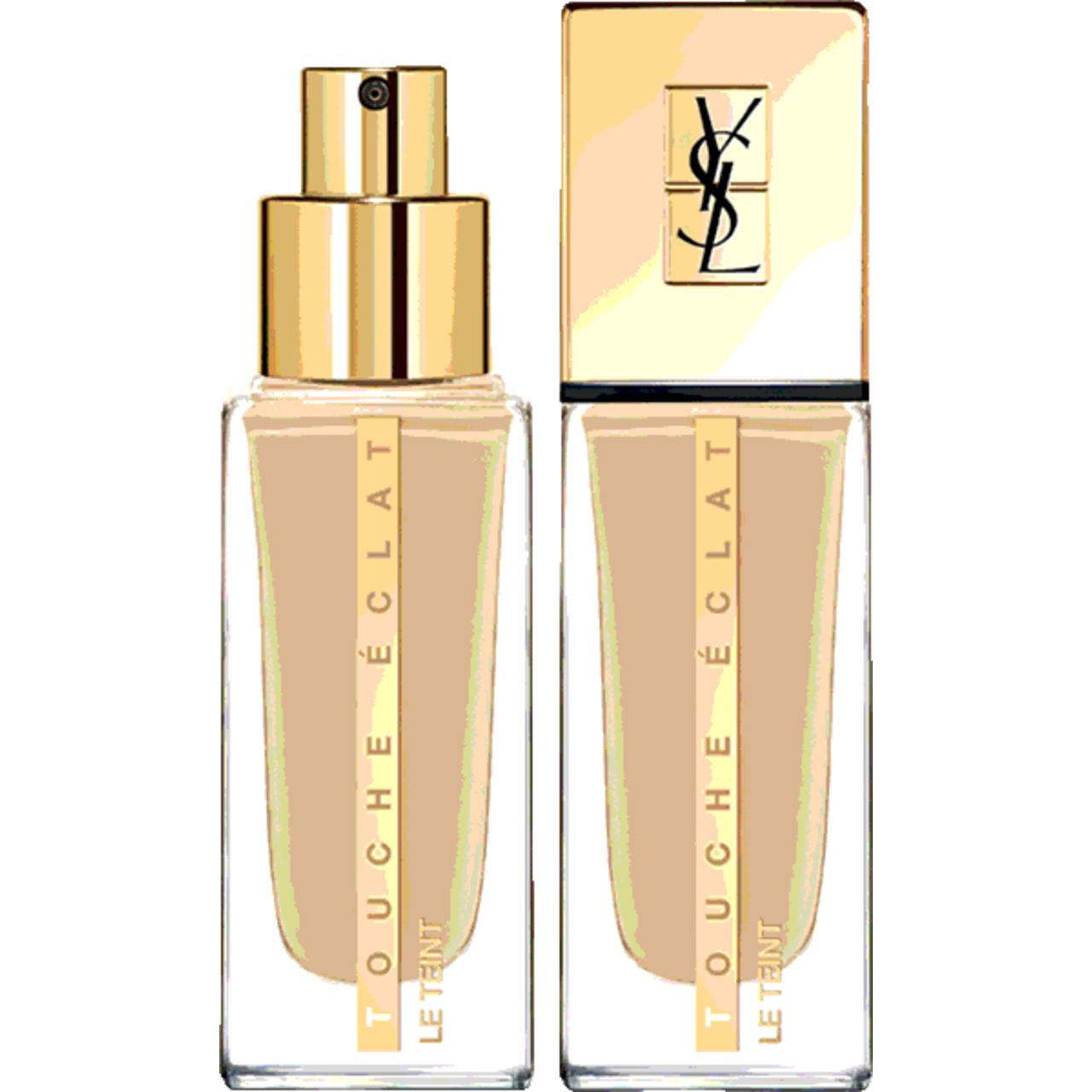 Zwei Flakons Yves Saint Laurent Touche Éclat Le Teint. Goldfarbene Deckel, transparente Behälter, Schriftzug.