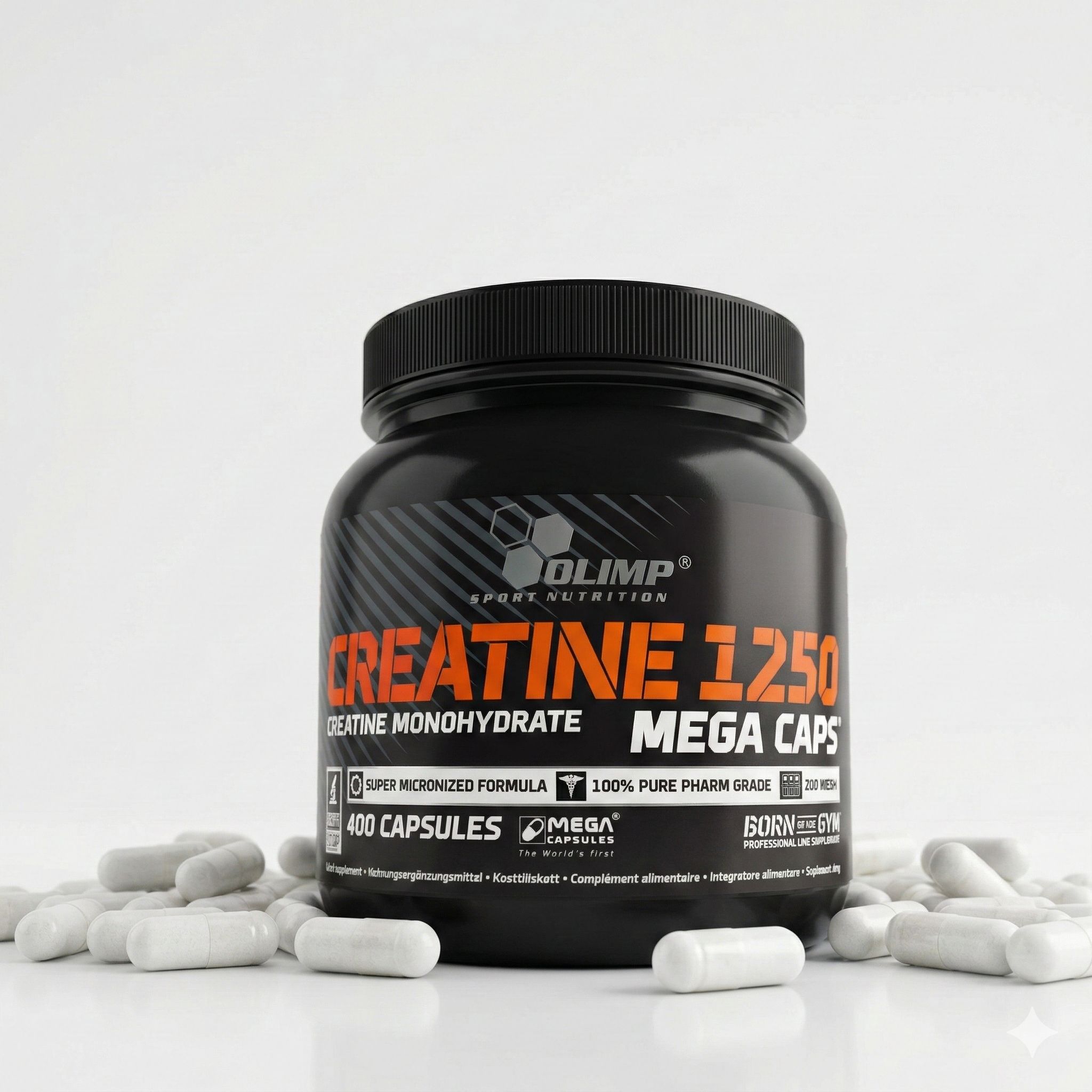 Olimp Creatine 1250 Mega Caps: Dose mit 400 Kapseln, umgeben von einzelnen Kapseln auf weißem Hintergrund.