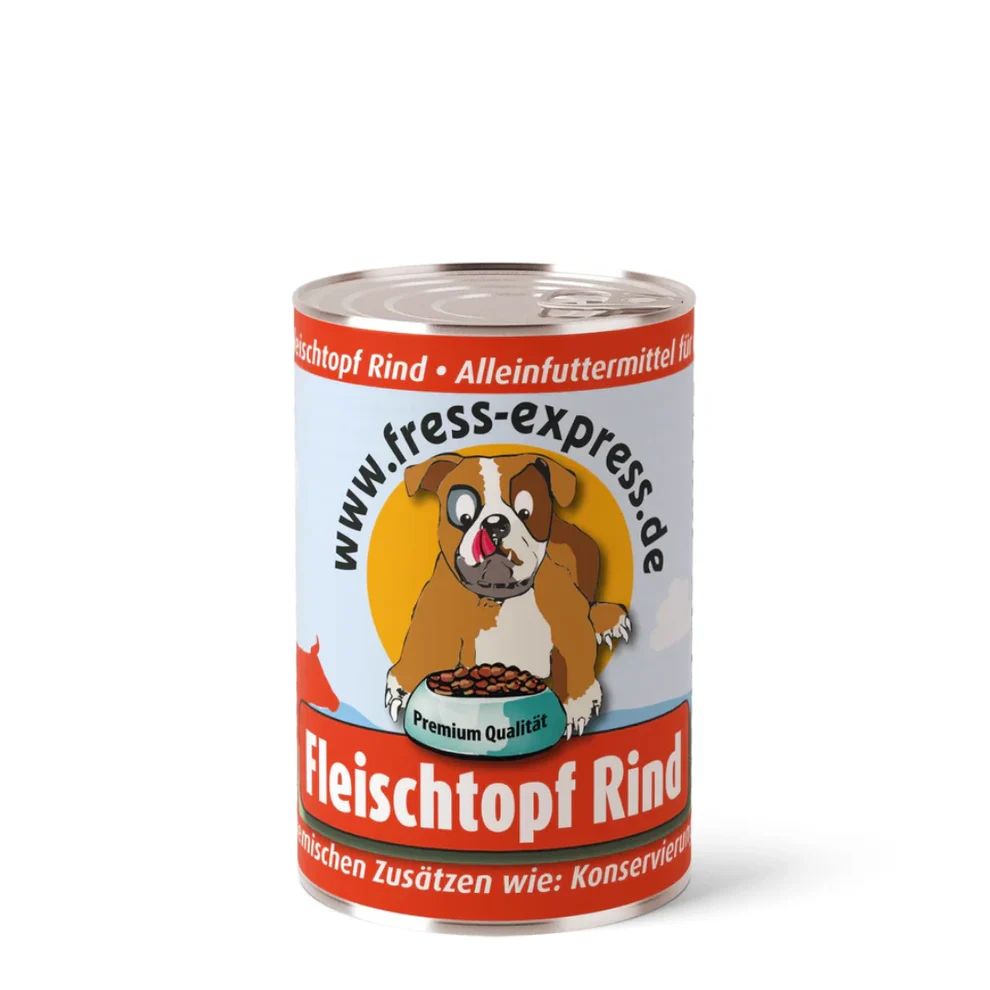 Hundefutter-Dose. Zylindrische Dose mit rotem Deckel und Boden. Aufdruck mit Hund, Futternapf und Schriftzug 'fress-express'. Text: 'Fleischtopf Rind'.