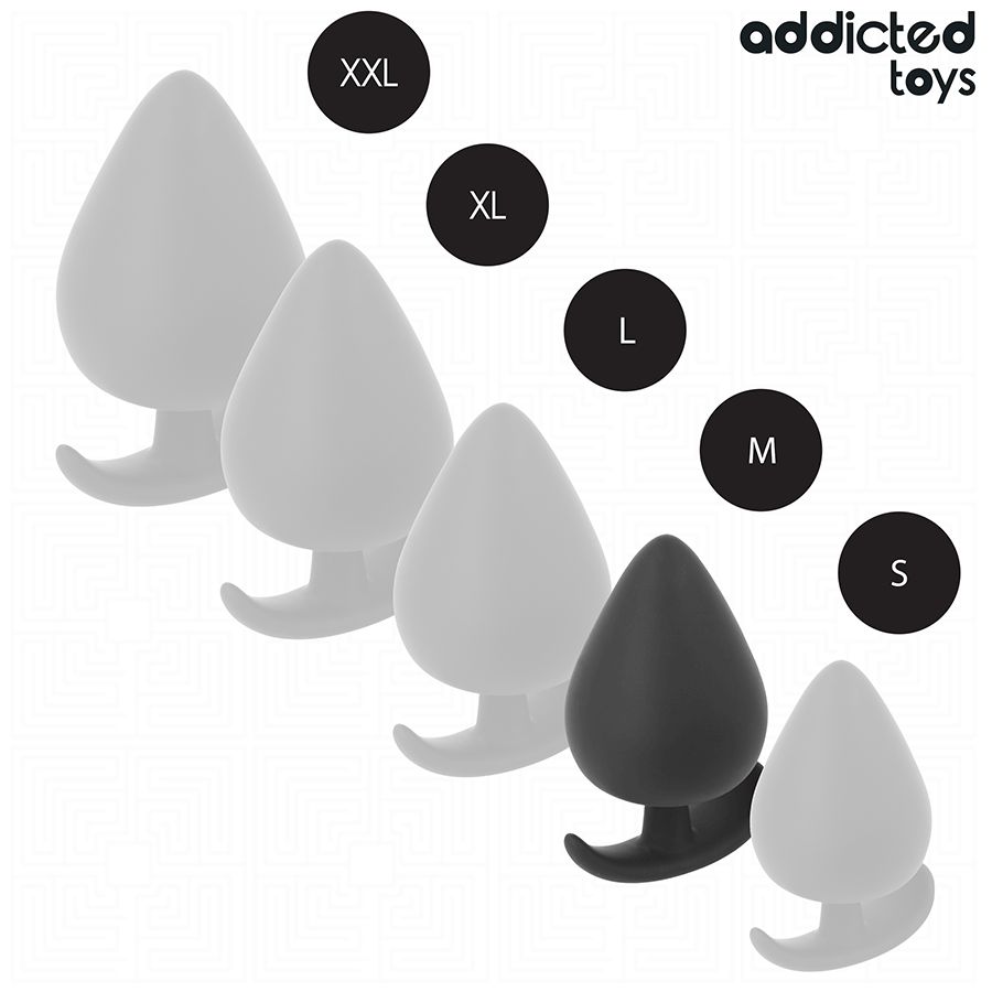 Verschiedene Größen von Analplugs. Schwarz, weiß. Größen: XXL, XL, L, M, S. Marke: Addicted Toys.