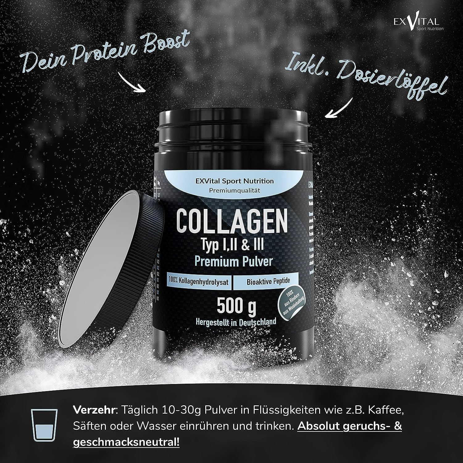 EXVital Collagen Pulver Dose mit 500g, inkl. Dosierlöffel.