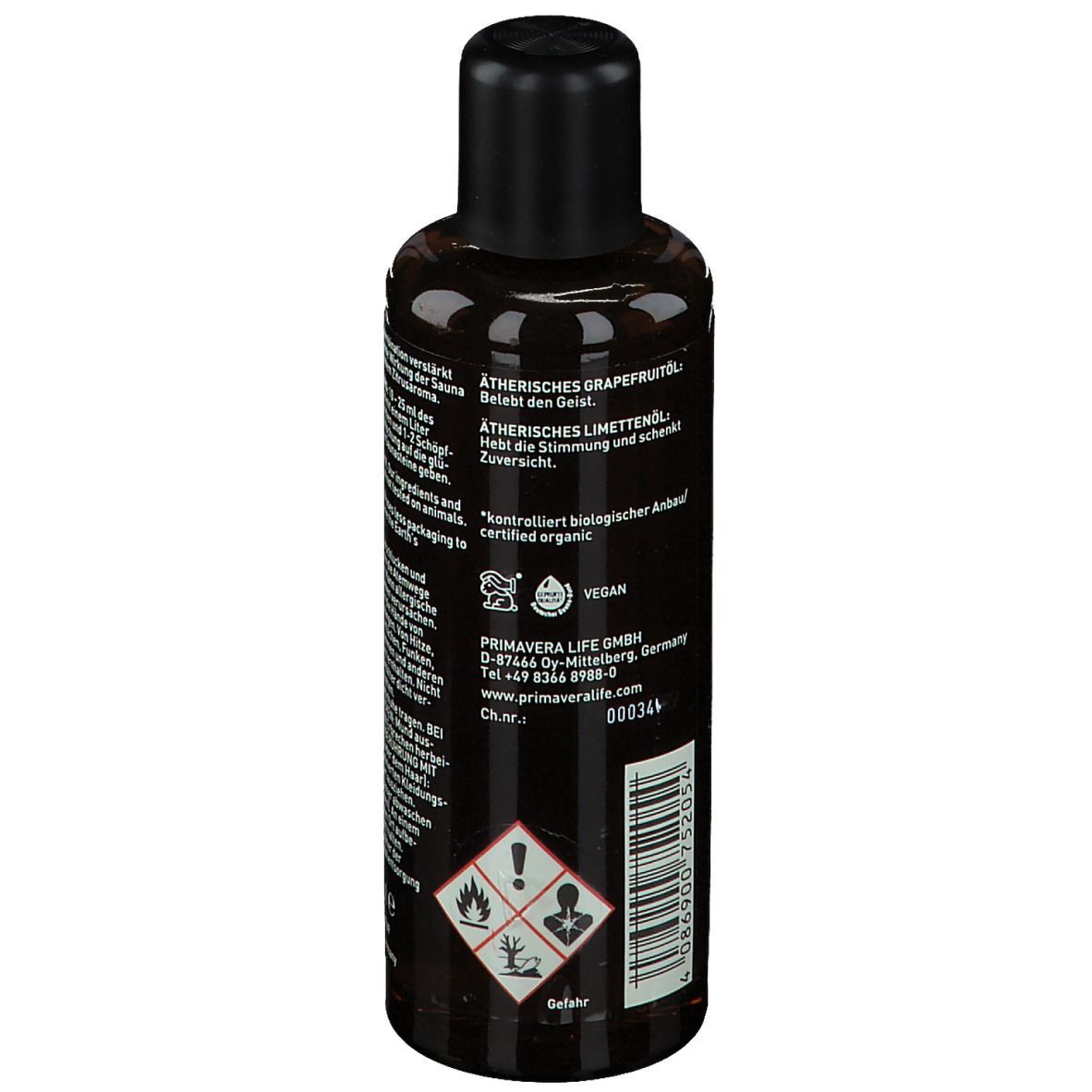 Rückseite einer braunen Flasche mit schwarzem Deckel. Etikett mit Text, Vegan-Siegel und Gefahrensymbolen.