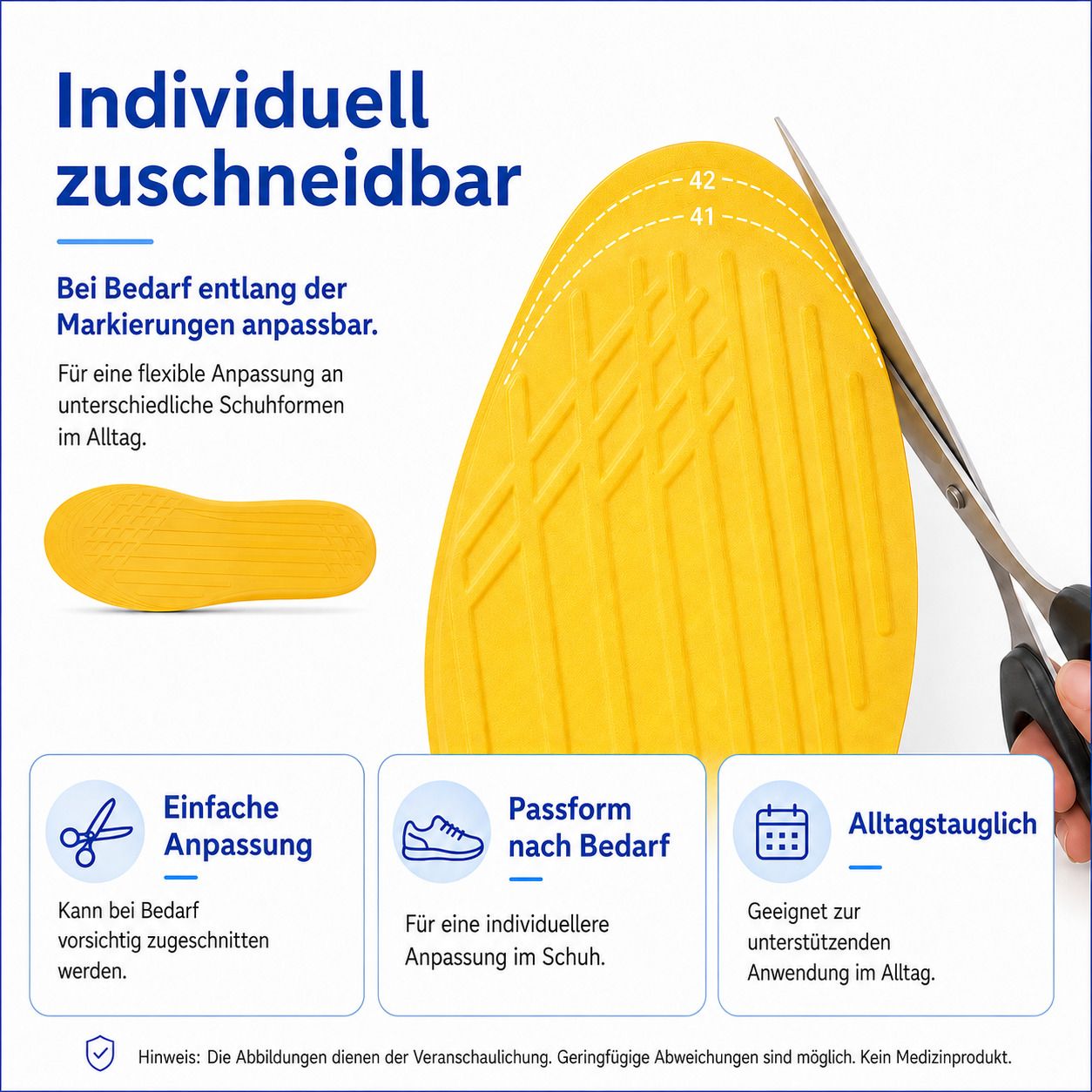 Zuschneidbare Einlegesohle mit Schere und Markierungen zur individuellen Anpassung.