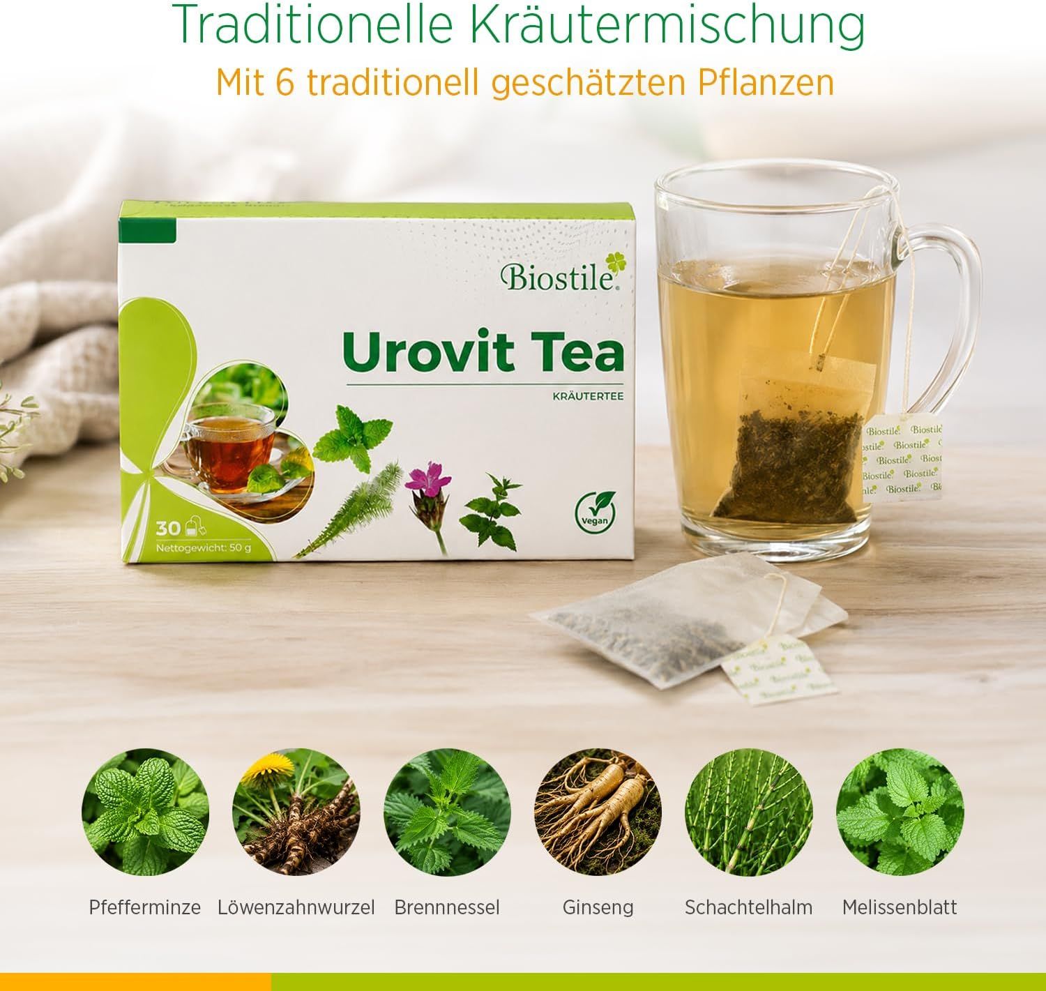 Packung UroVit Tea Kräutertee mit 30 Beuteln, daneben eine Tasse Tee mit einem Beutel und einzelne Beutel.