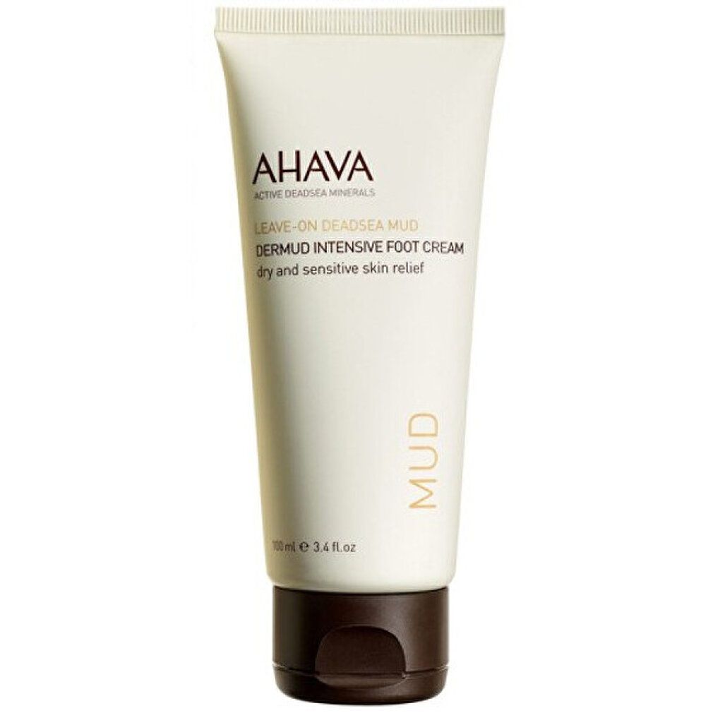 Creme-Tube mit AHAVA-Logo, LEAVE-ON DEADSEA MUD, Dermud Intensive Foot Cream. Aufschrift: dry and sensitive skin relief.