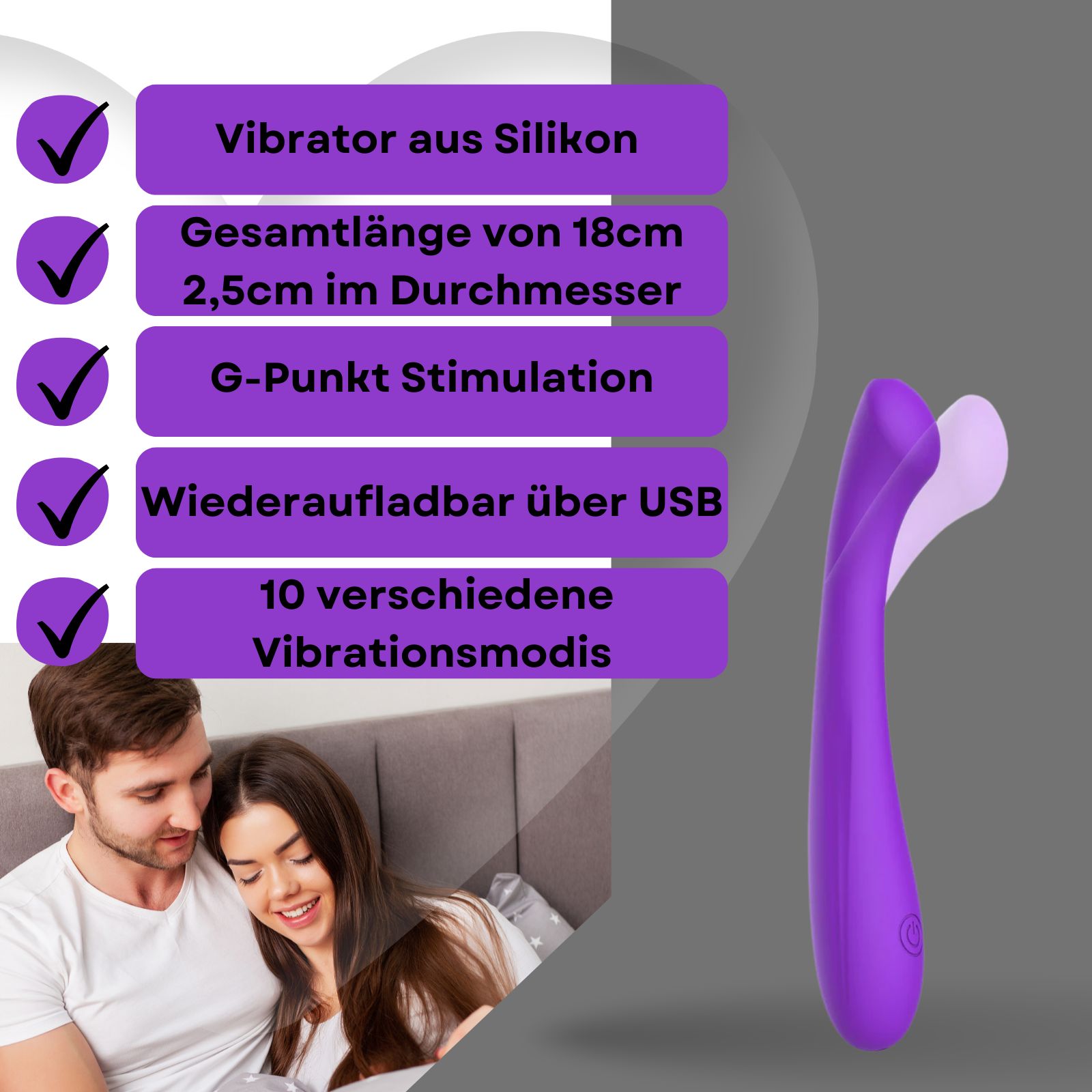 Vibrator aus Silikon. 18 cm lang, 2,5 cm Durchmesser. G-Punkt-Stimulation. Wiederaufladbar via USB. 10 Modi.