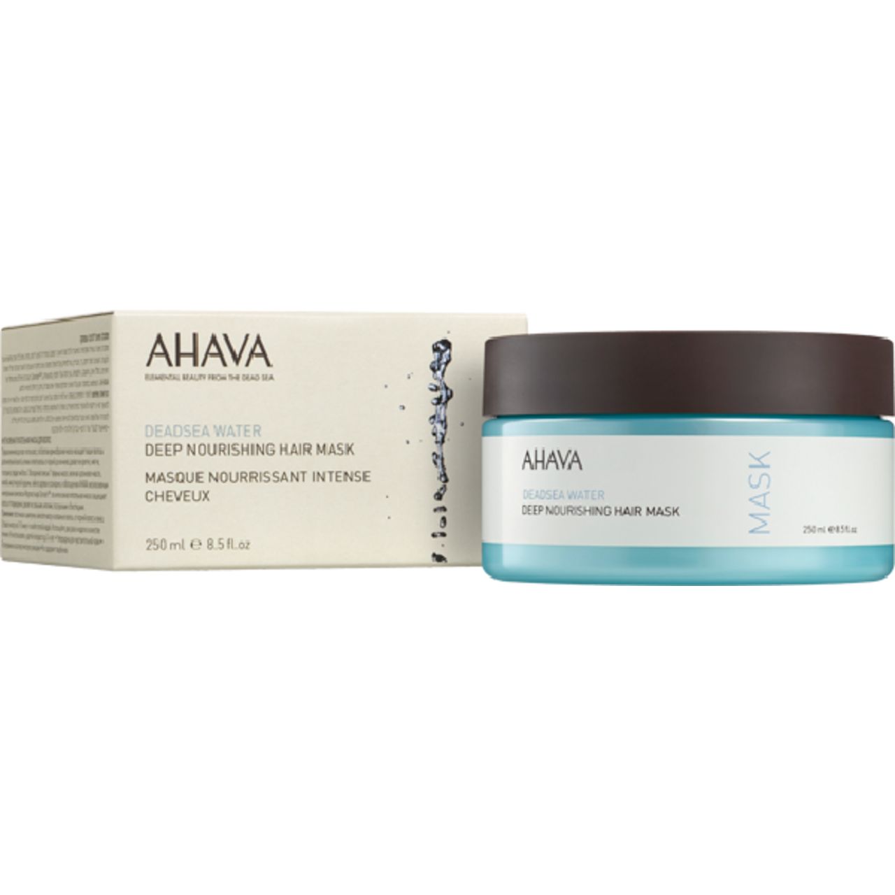 Produktverpackung und Tiegel. Aufschrift: AHAVA DEADSEA WATER Deep Nourishing Hair Mask. Tiegel: blau, brauner Deckel. 250 ml.