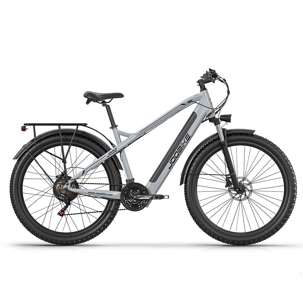 Graues E-Bike JOOBIKE J002, 29 Zoll, All-Terrain-Reifen, Gepäckträger, schwarze Schutzbleche.