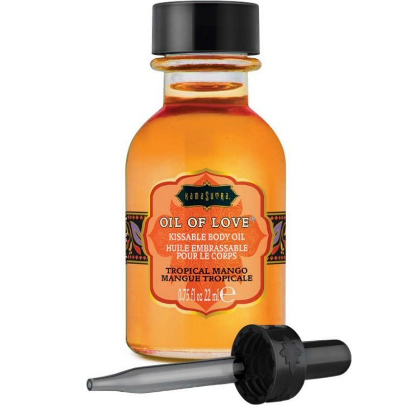 Flasche mit Tropisch Mango Öl und Pipette. Schwarze Kappe, orangefarbene Flüssigkeit. Aufschrift: Oil of Love, Kissable Body Oil.
