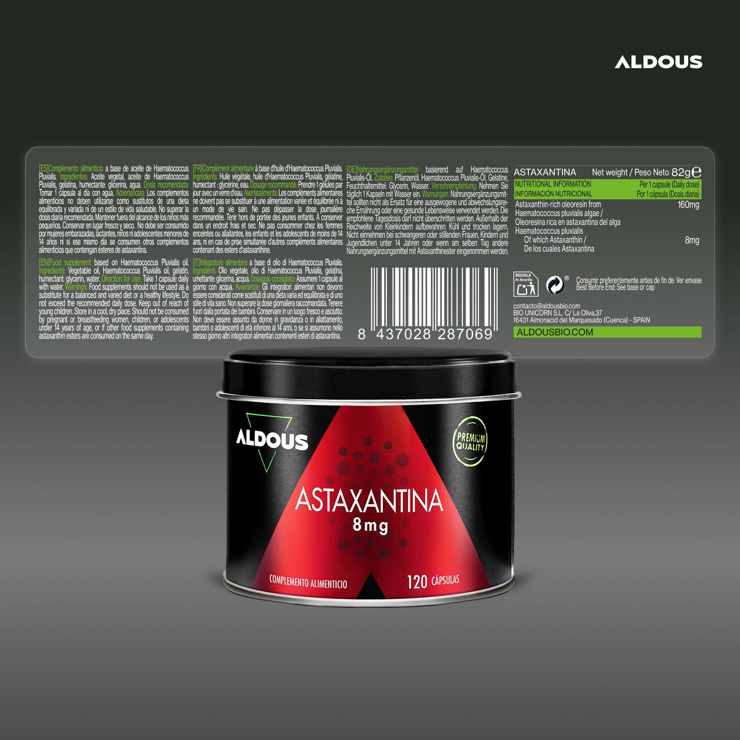 Aldous Astaxanthine Dose mit Nährwertangaben und Barcode. Hergestellt in Europa.