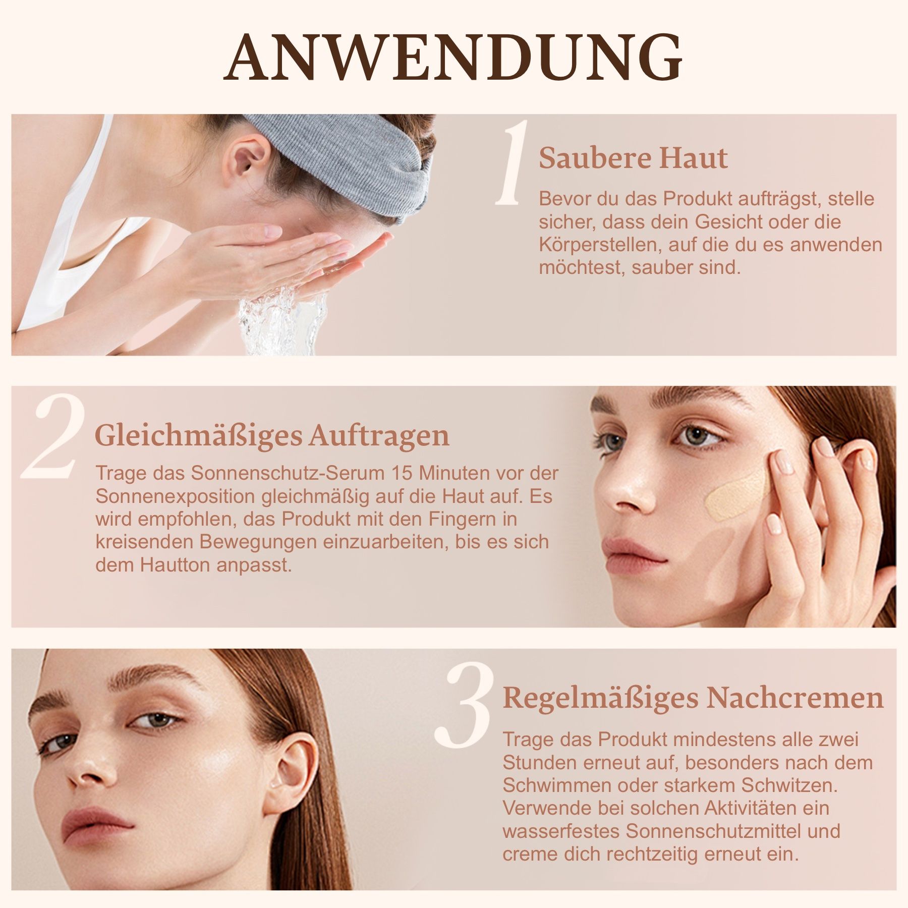 Drei Schritte zur Anwendung des Produkts. Auf dem Produkt steht "Foundation Medium Spectrum SPF 50".