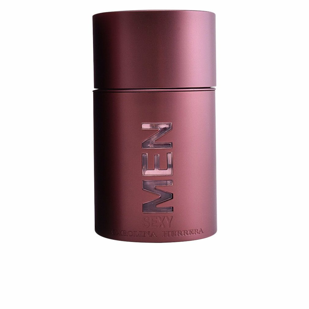 Braune Flasche mit "SEXY MEN" und "Carolina Herrera" Schriftzug. Zylindrische Form mit Deckel.