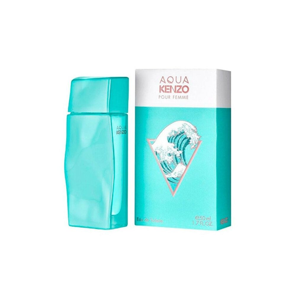 Türkisfarbener Flakon und Schachtel. Auf der Schachtel steht "AQUA KENZO POUR FEMME" und ein Wellen-Design. Flakon mit Deckel.